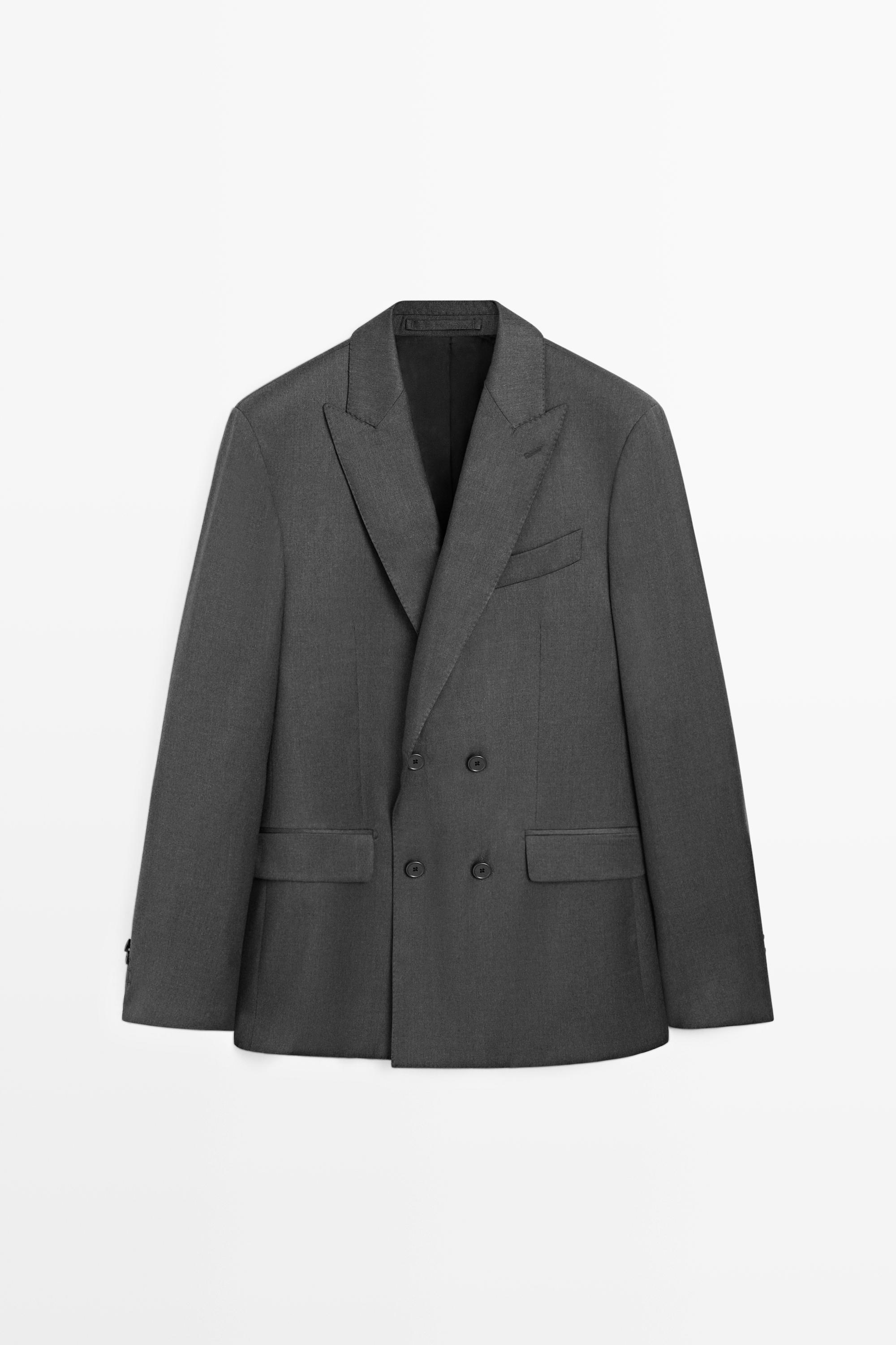 100% cool wool double-breasted suit blazer Grey
