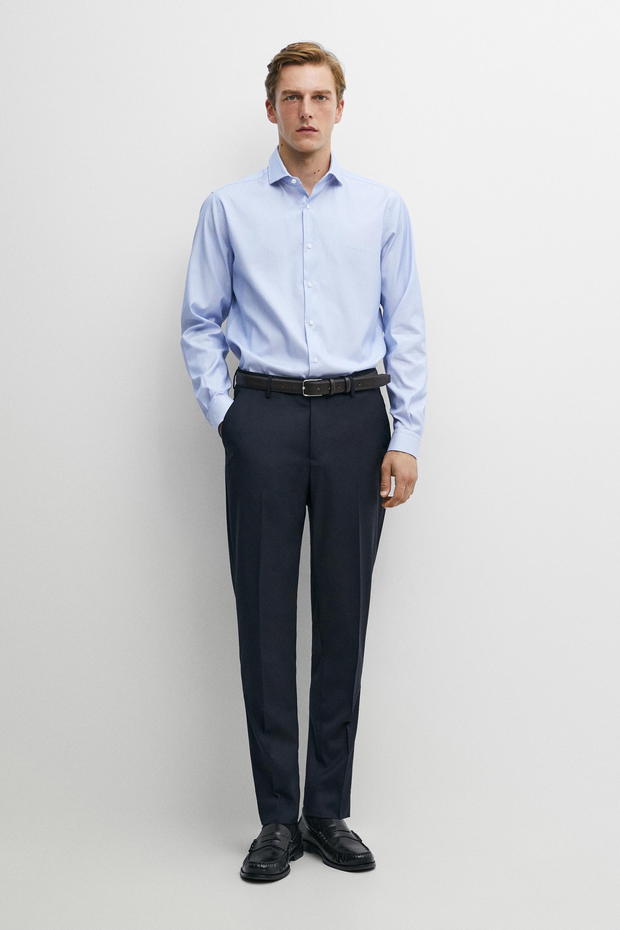 Slim fit striped 100% cotton shirt Blue