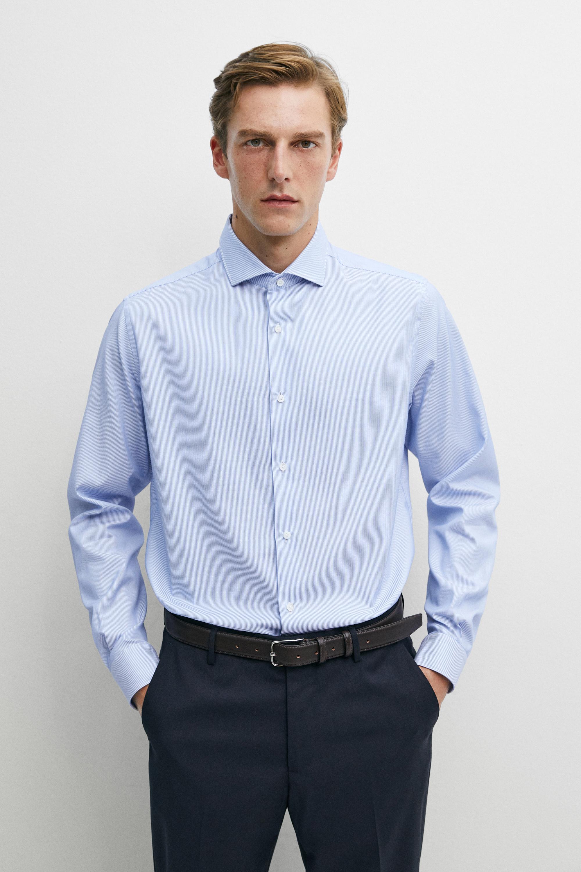 Slim fit striped 100% cotton shirt Blue
