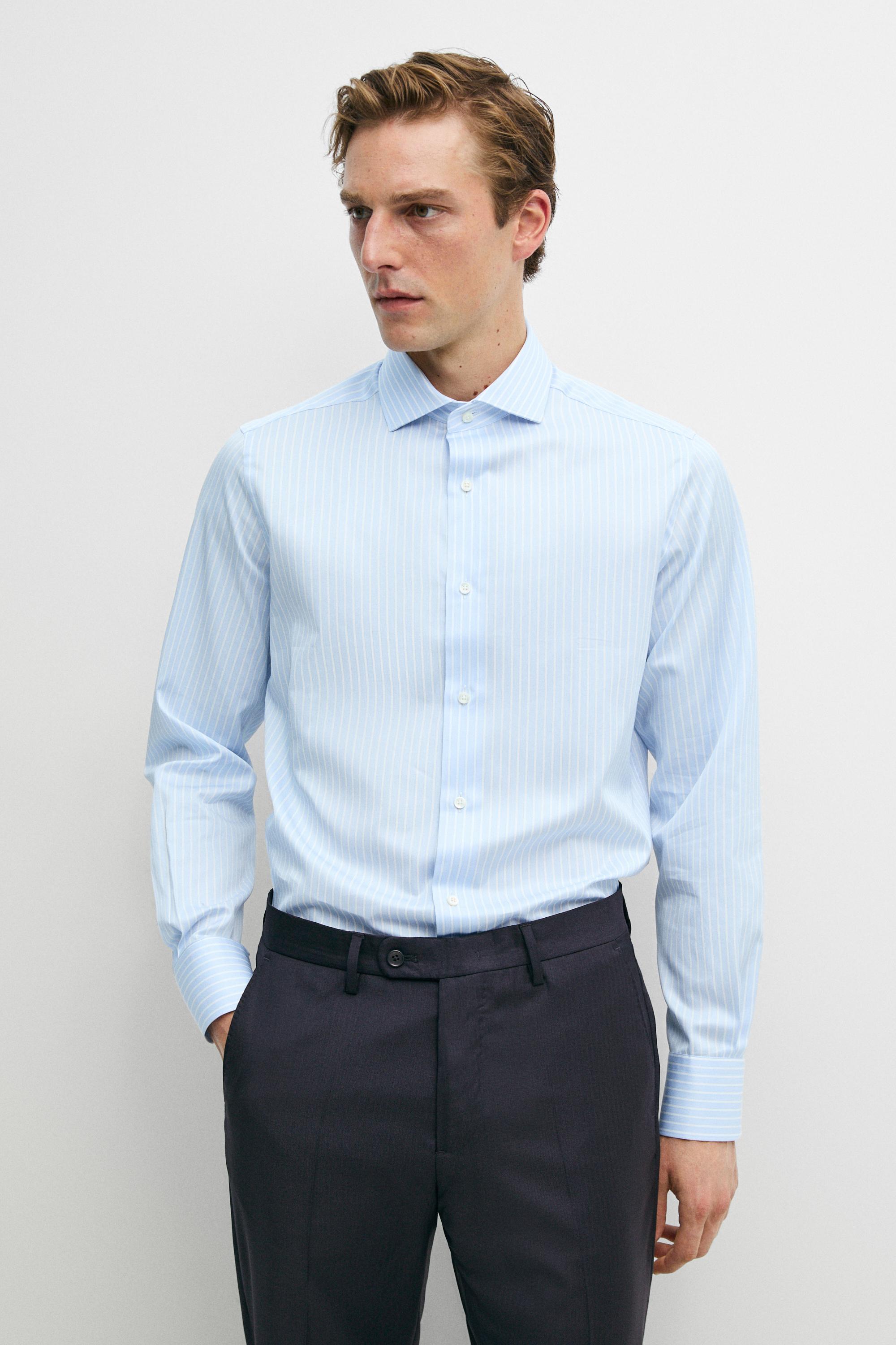 Slim fit striped 100% cotton shirt Sky Blue