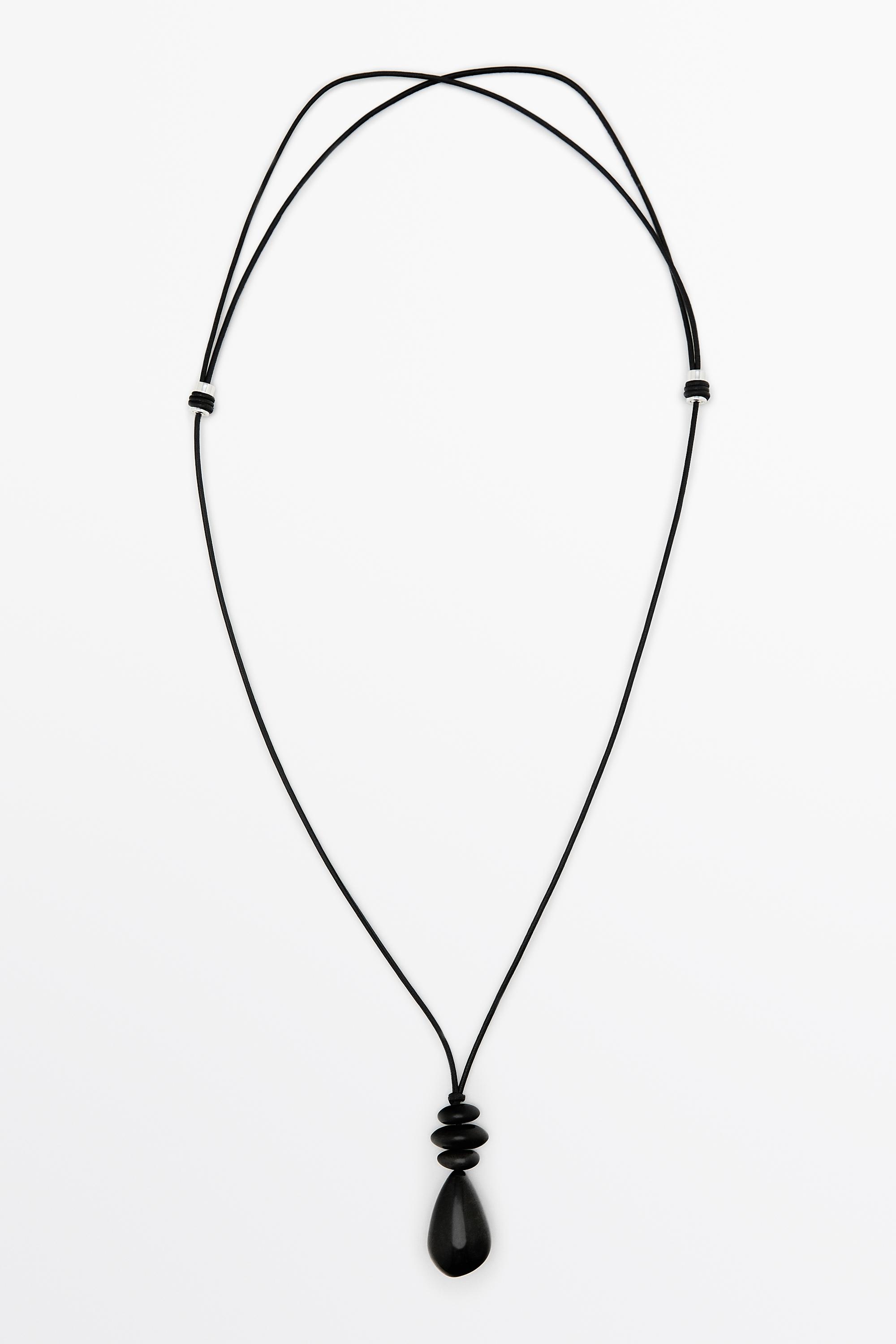 Long leather cord stone necklace Black