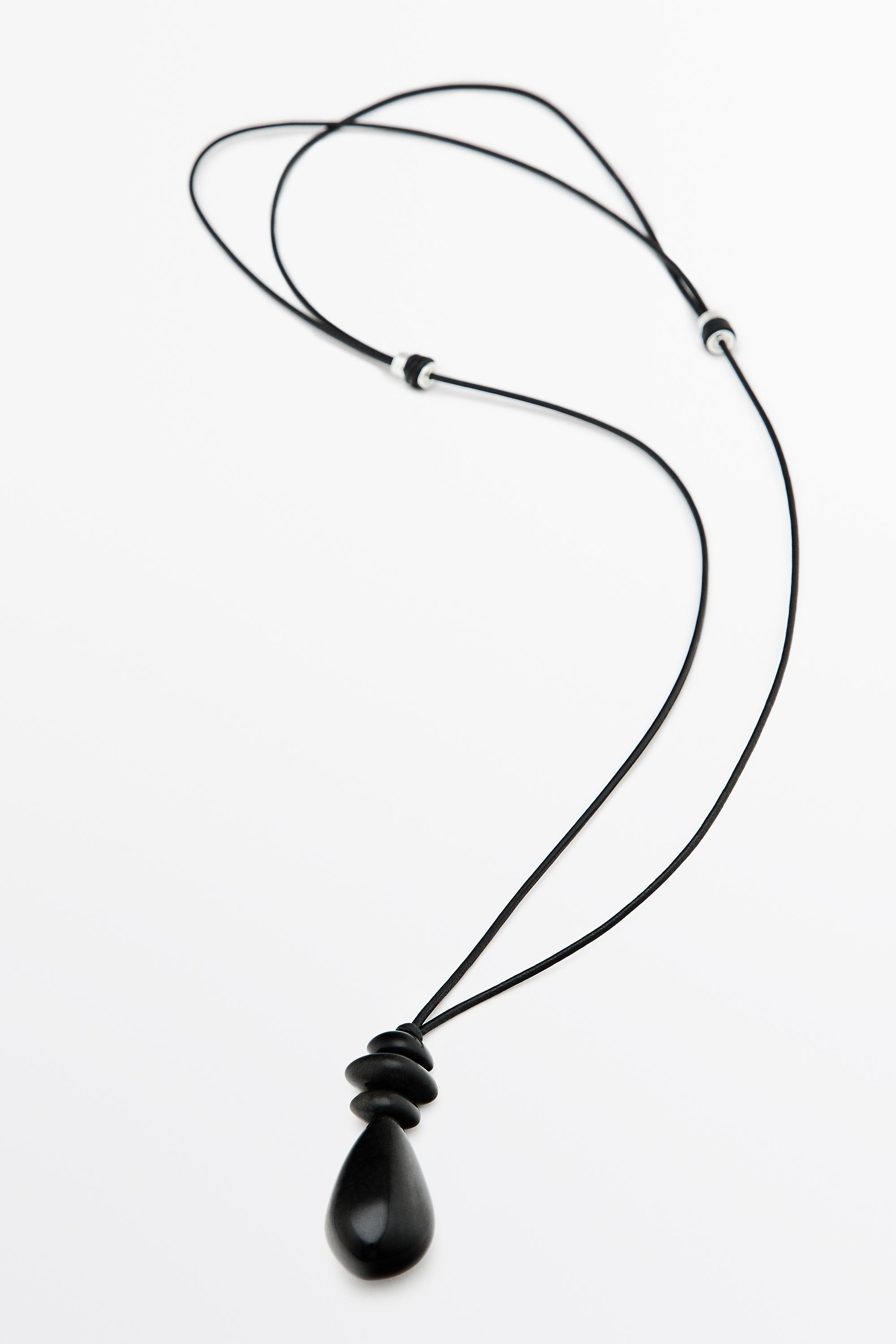 Long leather cord stone necklace Black