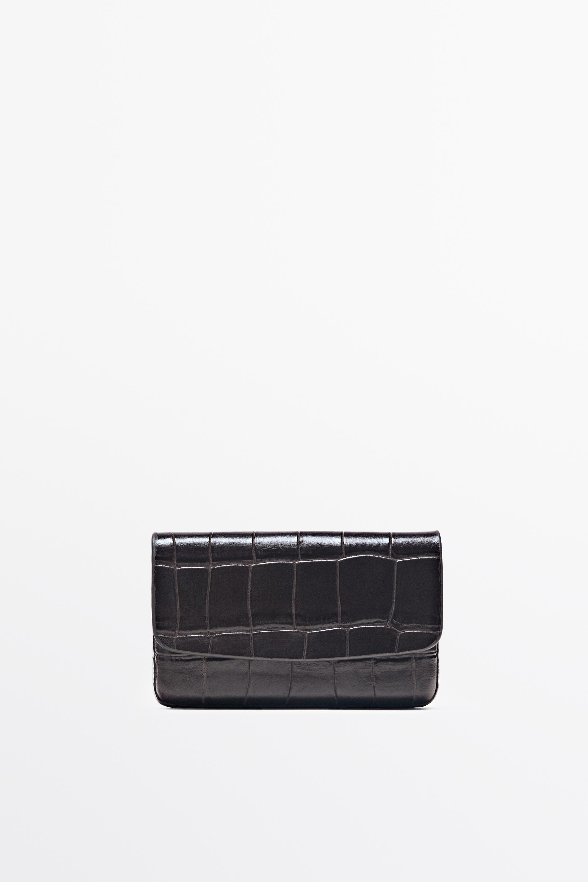Crocodile-textured leather card holder Brown
