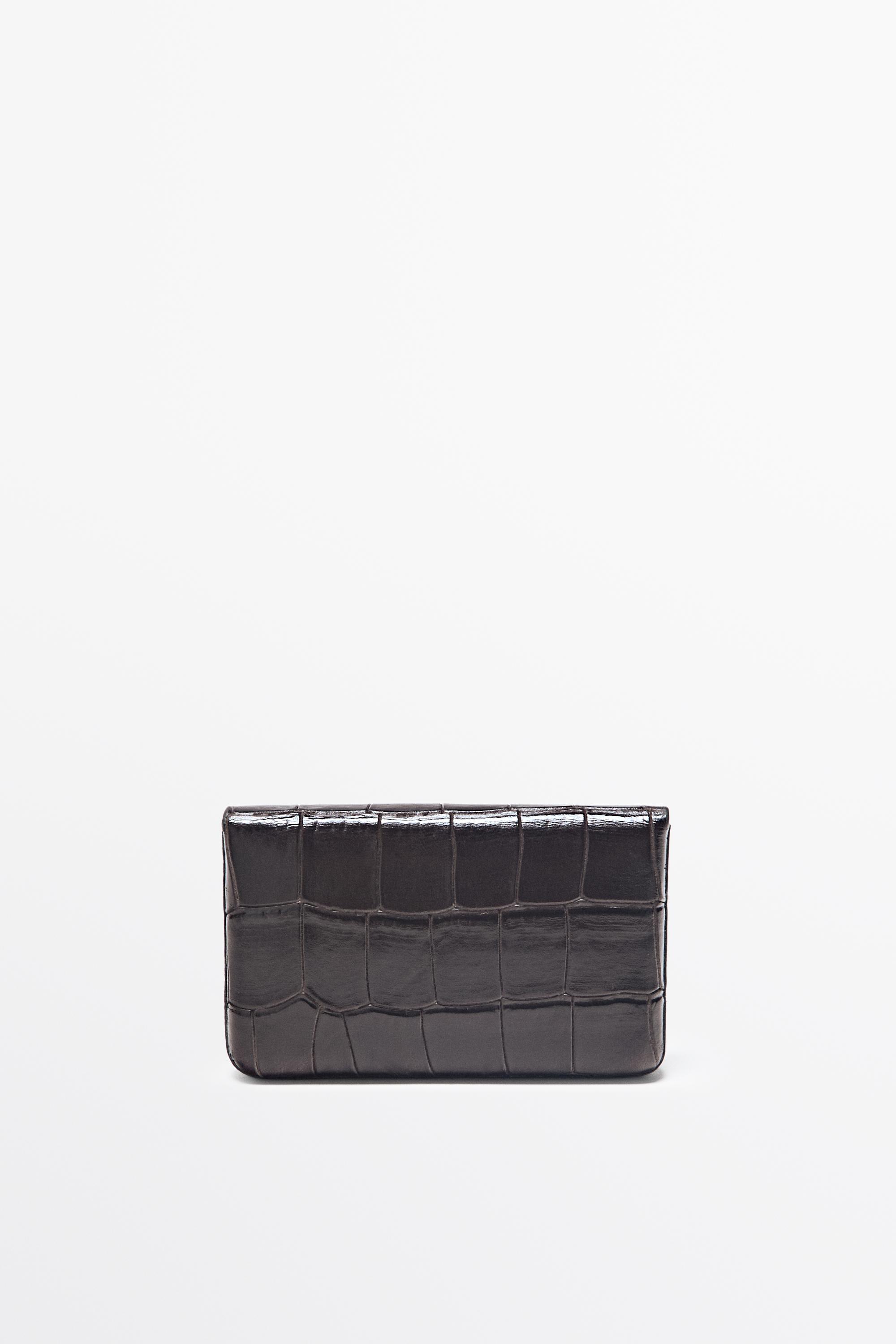 Crocodile-textured leather card holder Brown