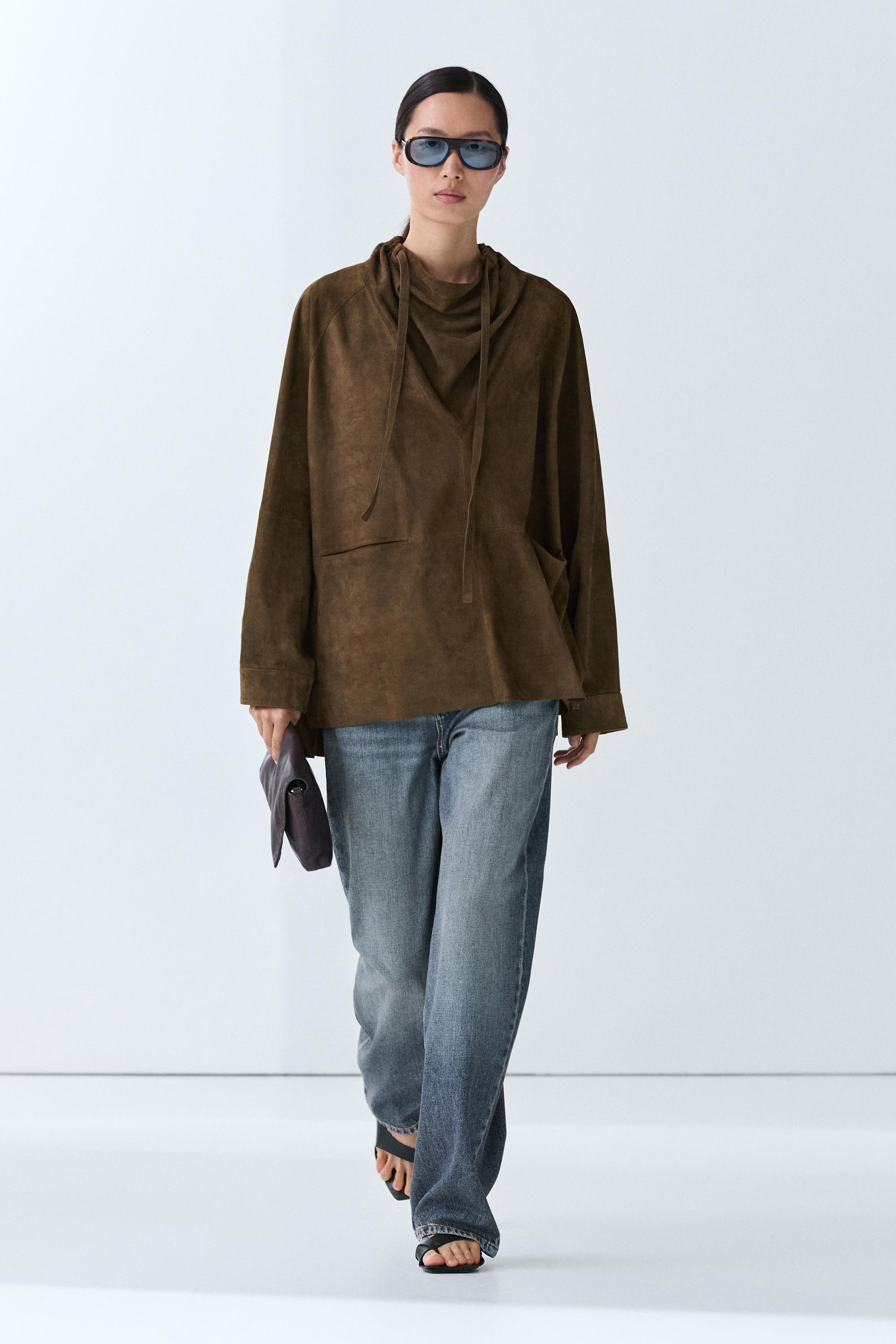 High-neck suede shirt Khaki