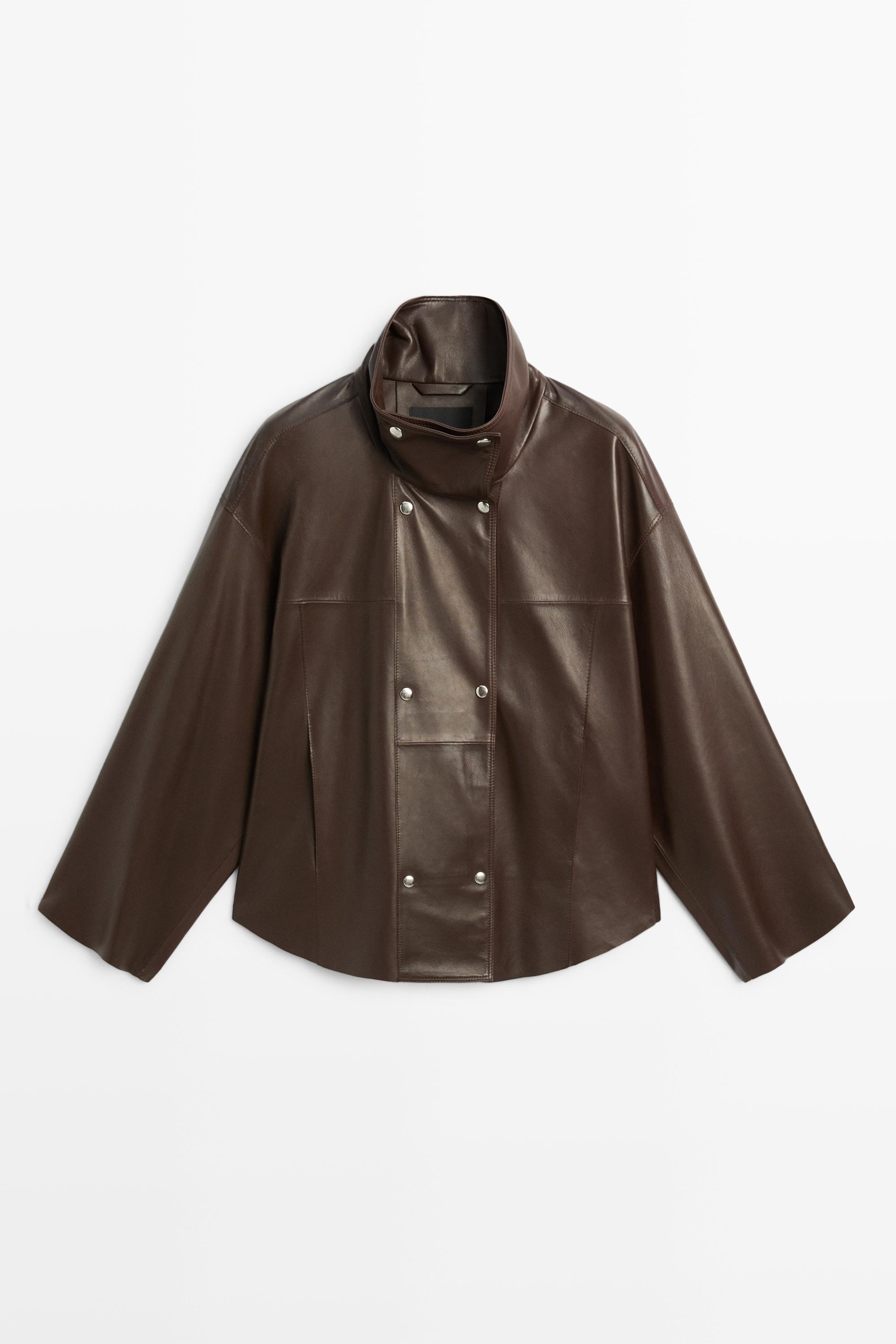 Nappa leather button-placket jacket Brown