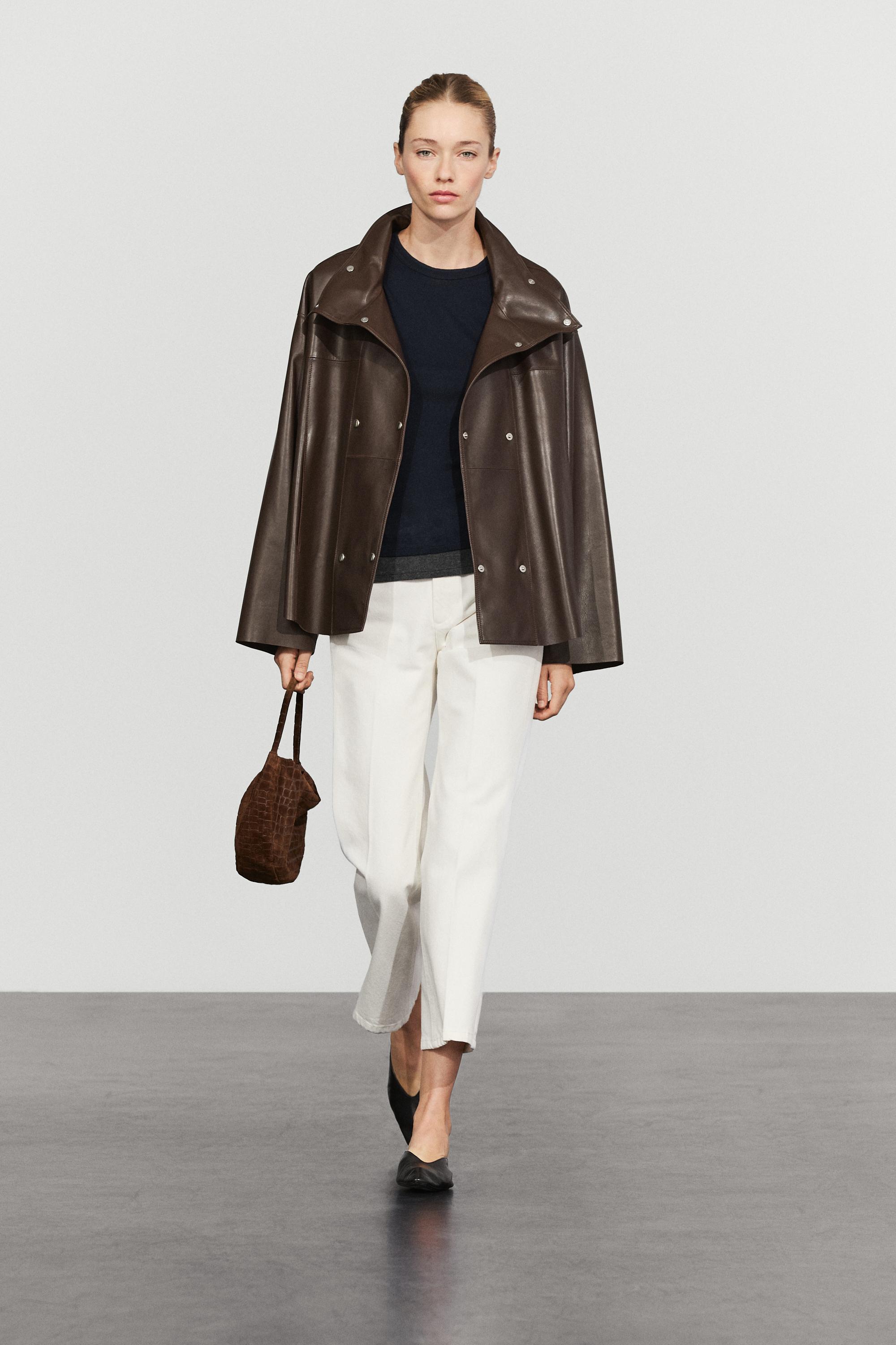 Nappa leather button-placket jacket Brown
