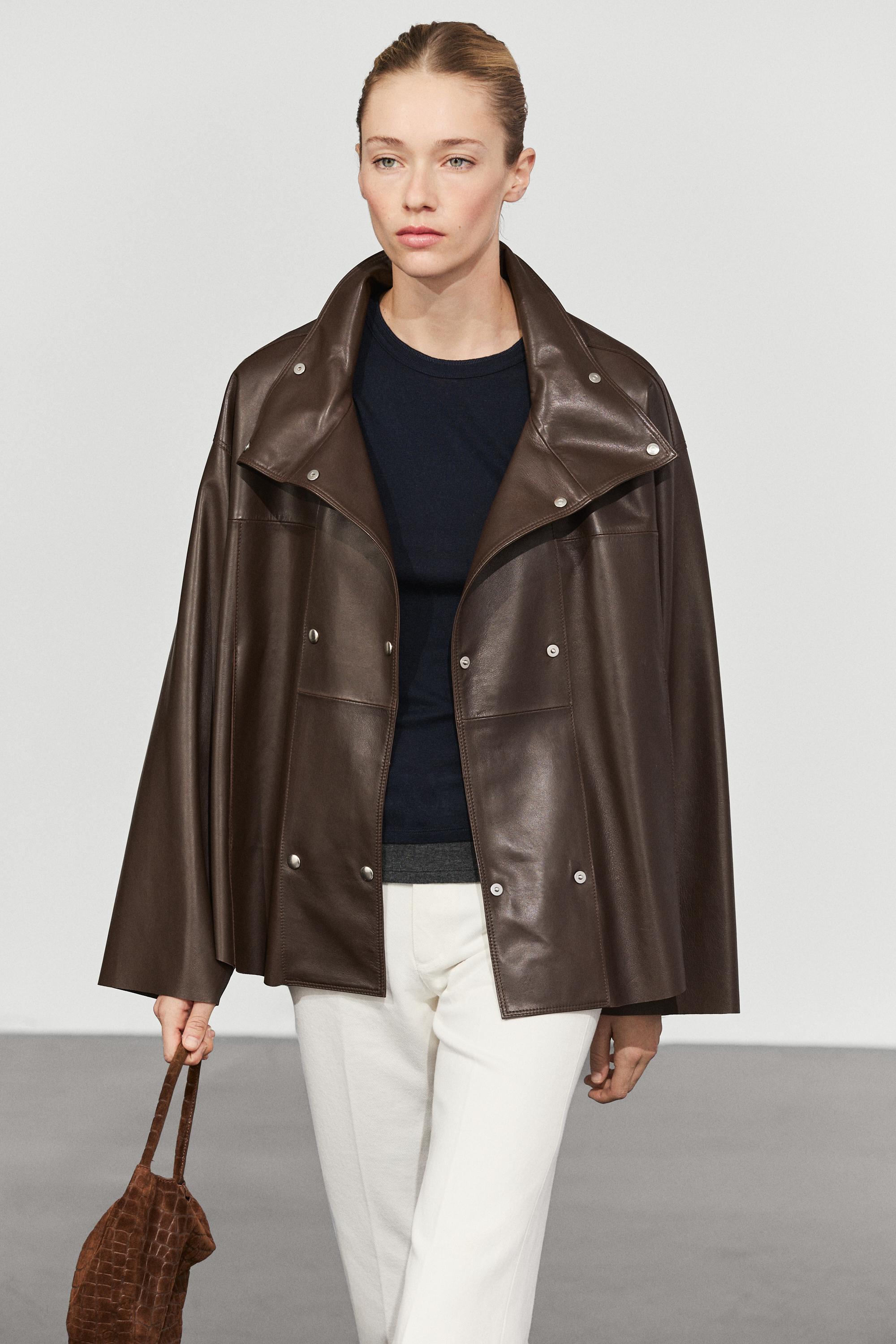 Nappa leather button-placket jacket Brown