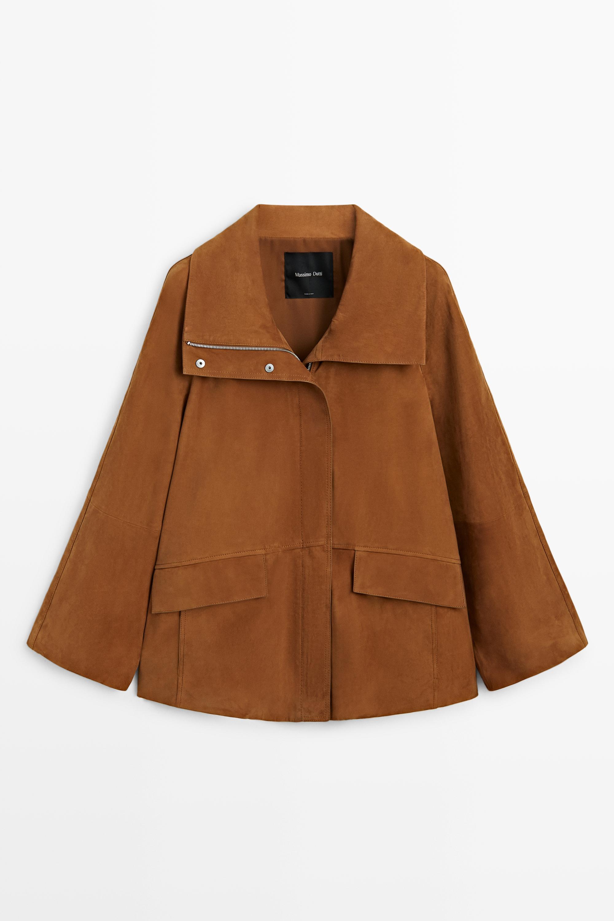 Nubuck leather high collar coat Copper