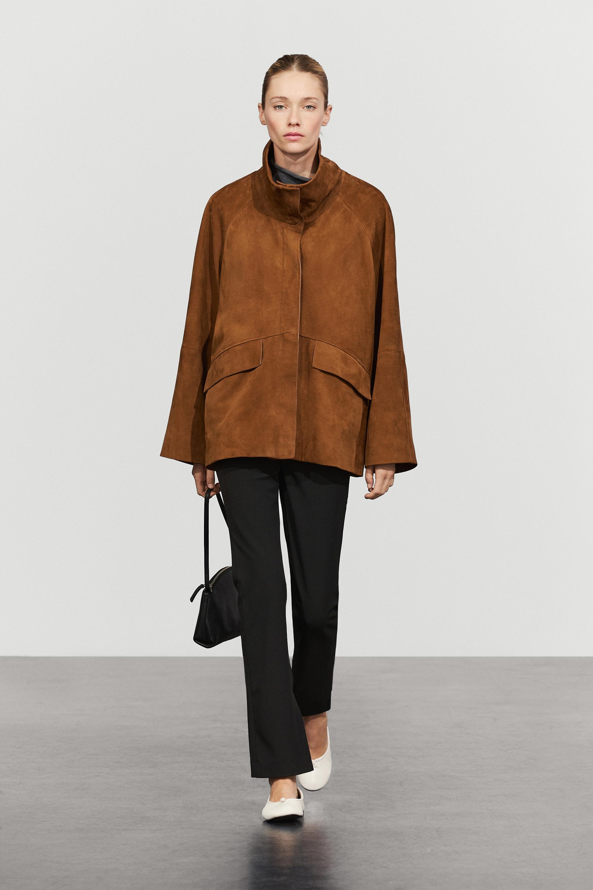 Nubuck leather high collar coat Copper