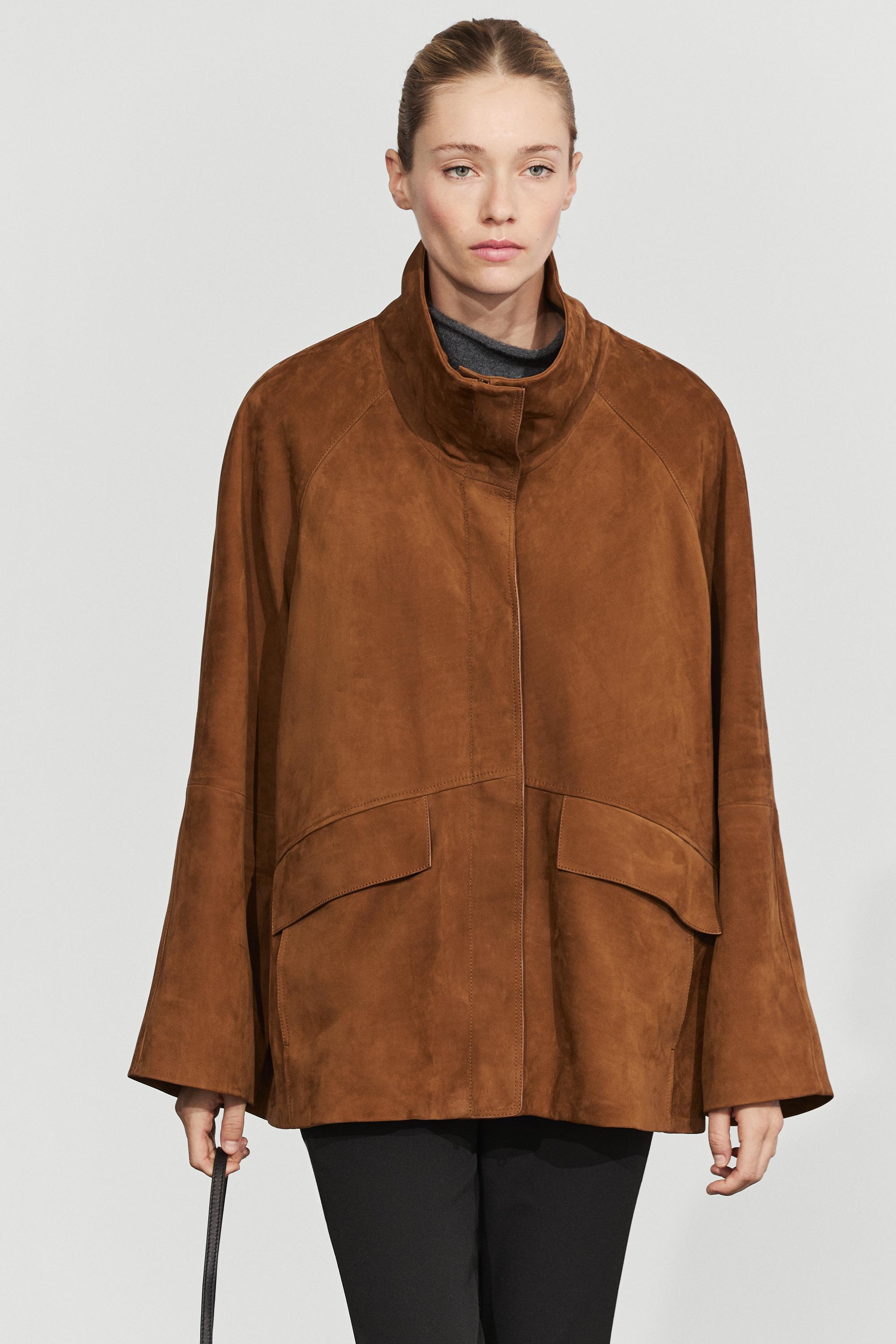 Nubuck leather high collar coat Copper