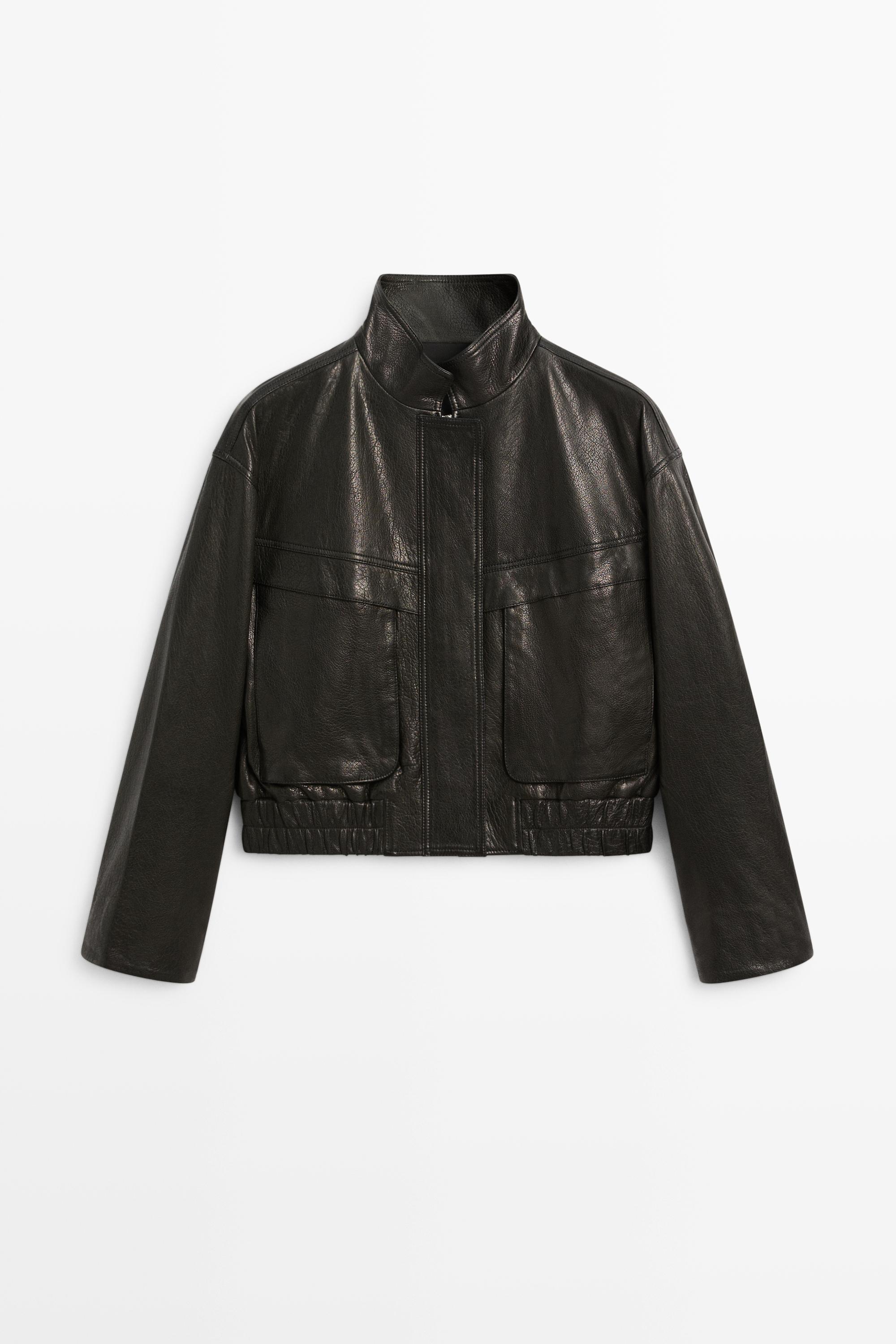 Cropped stand-collar nappa leather jacket Black