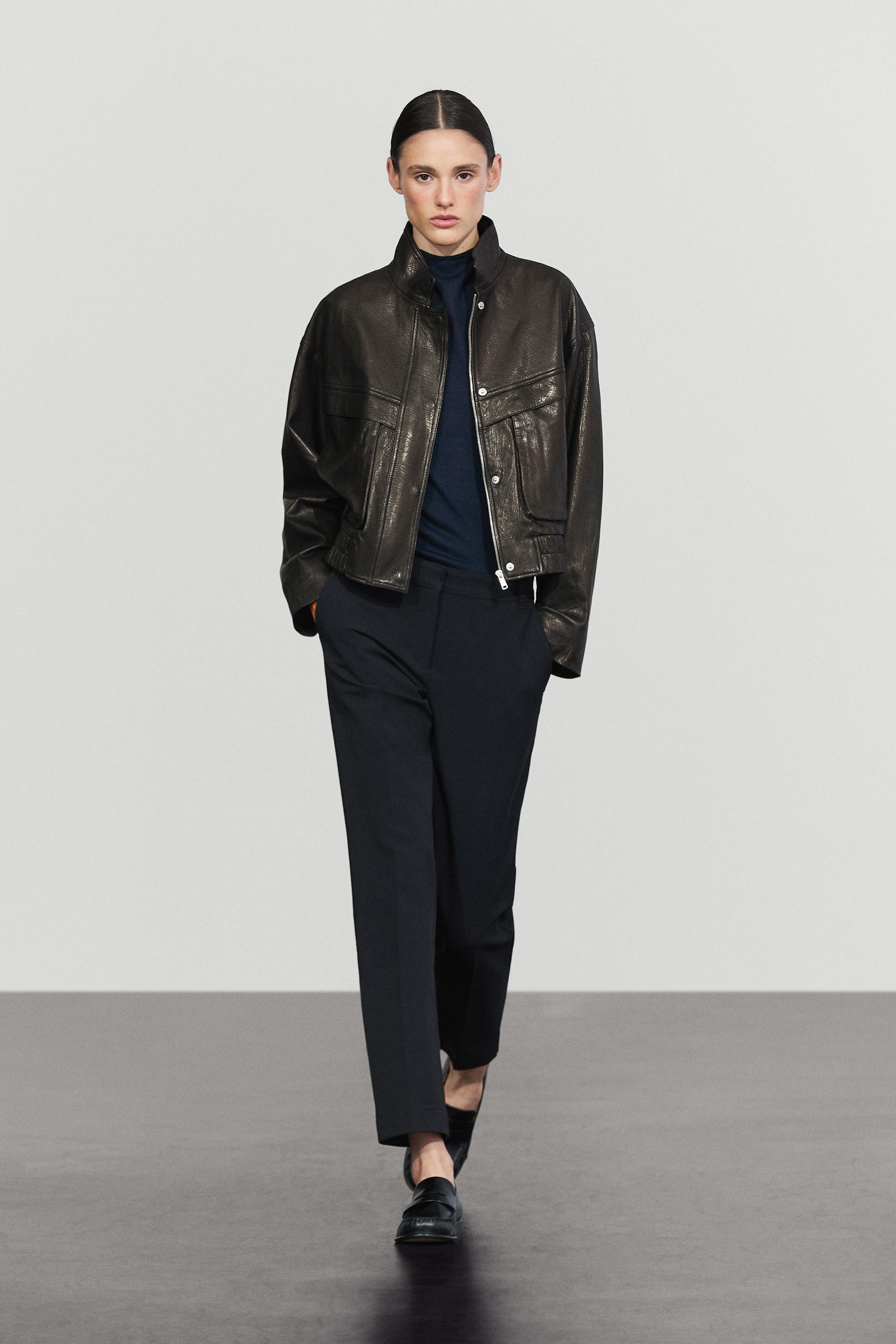 Cropped stand-collar nappa leather jacket Black