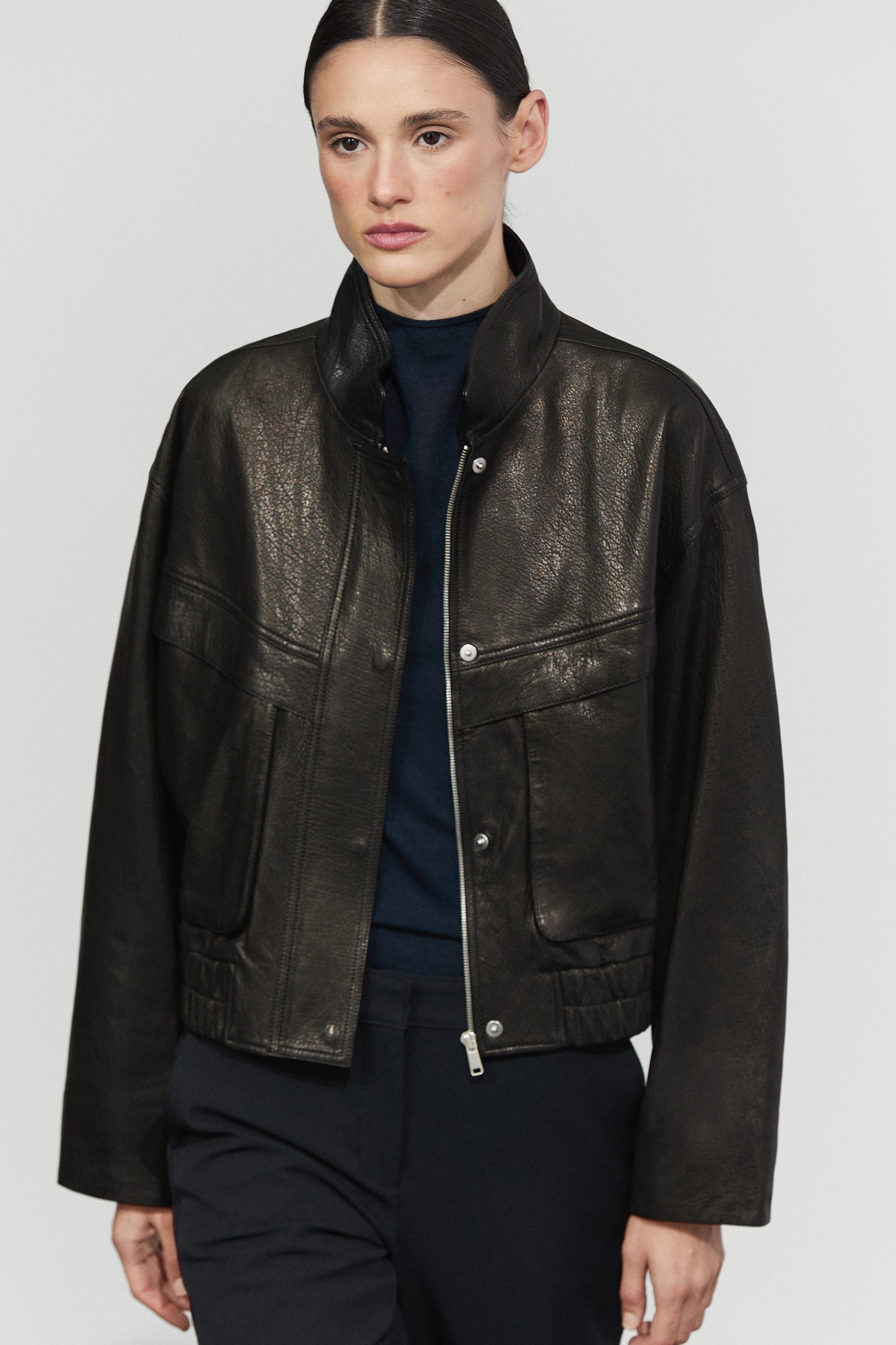 Cropped stand-collar nappa leather jacket Black