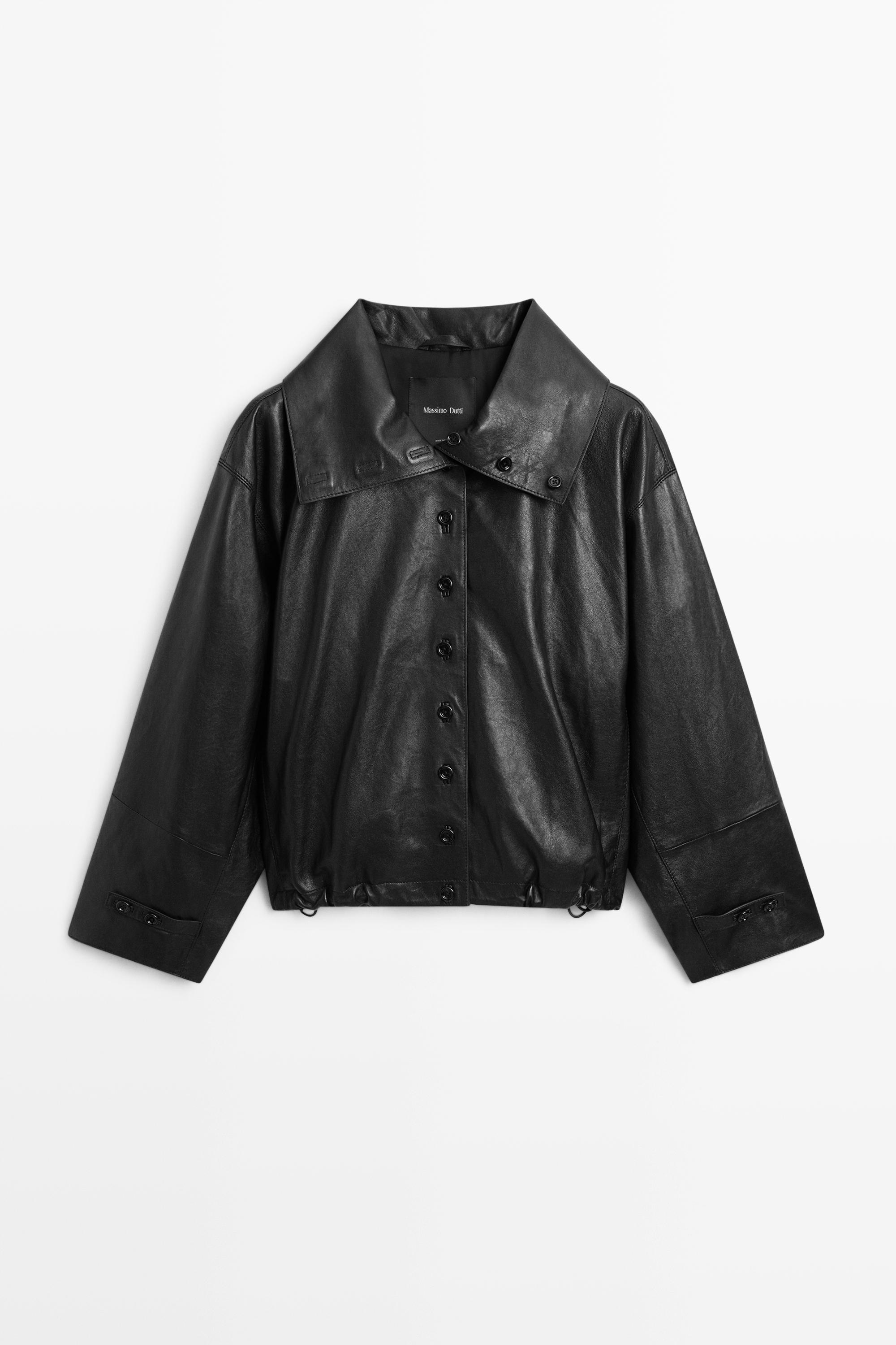 Nappa leather bomber jacket with button detail Black
