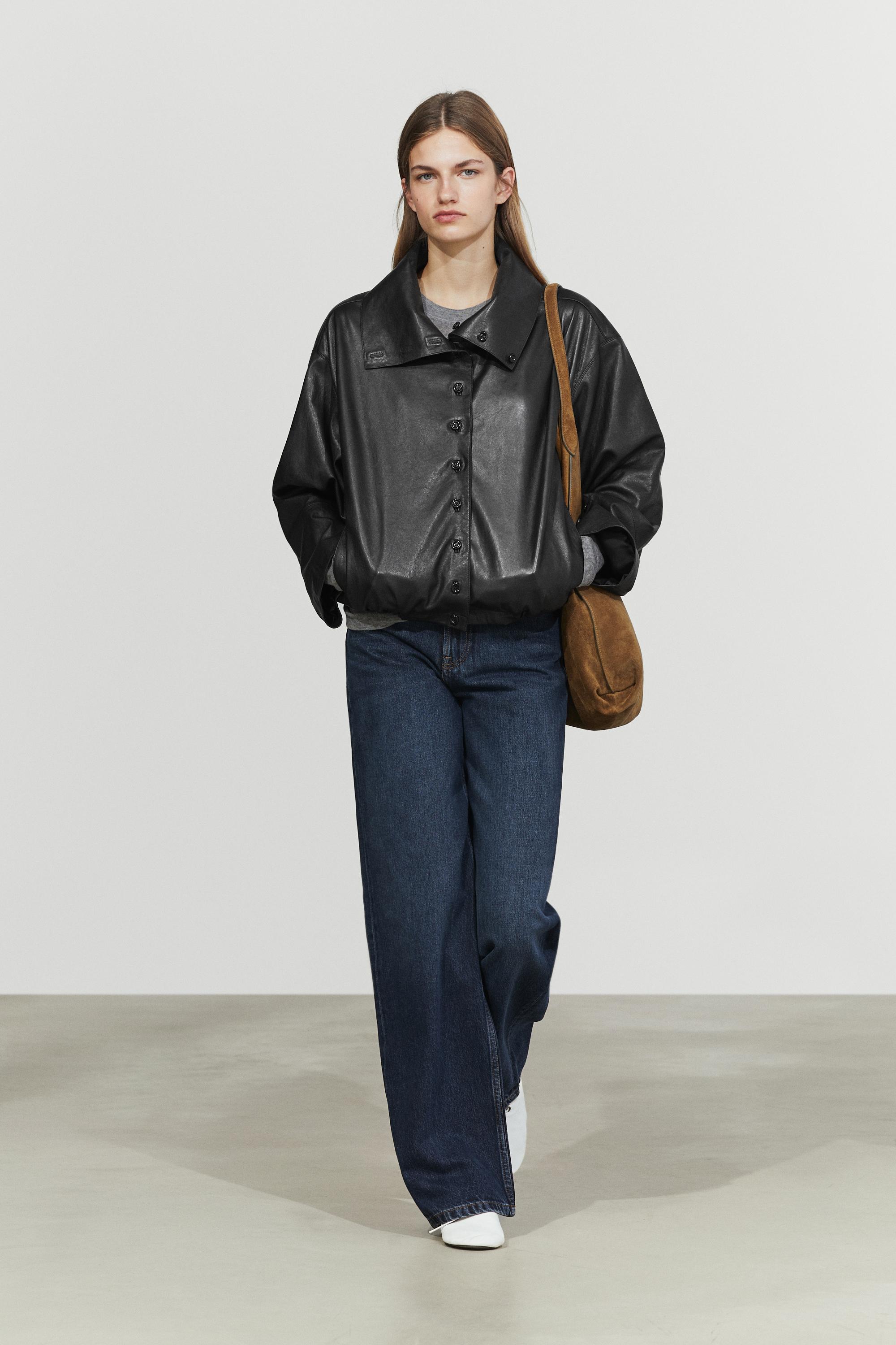 Nappa leather bomber jacket with button detail Black