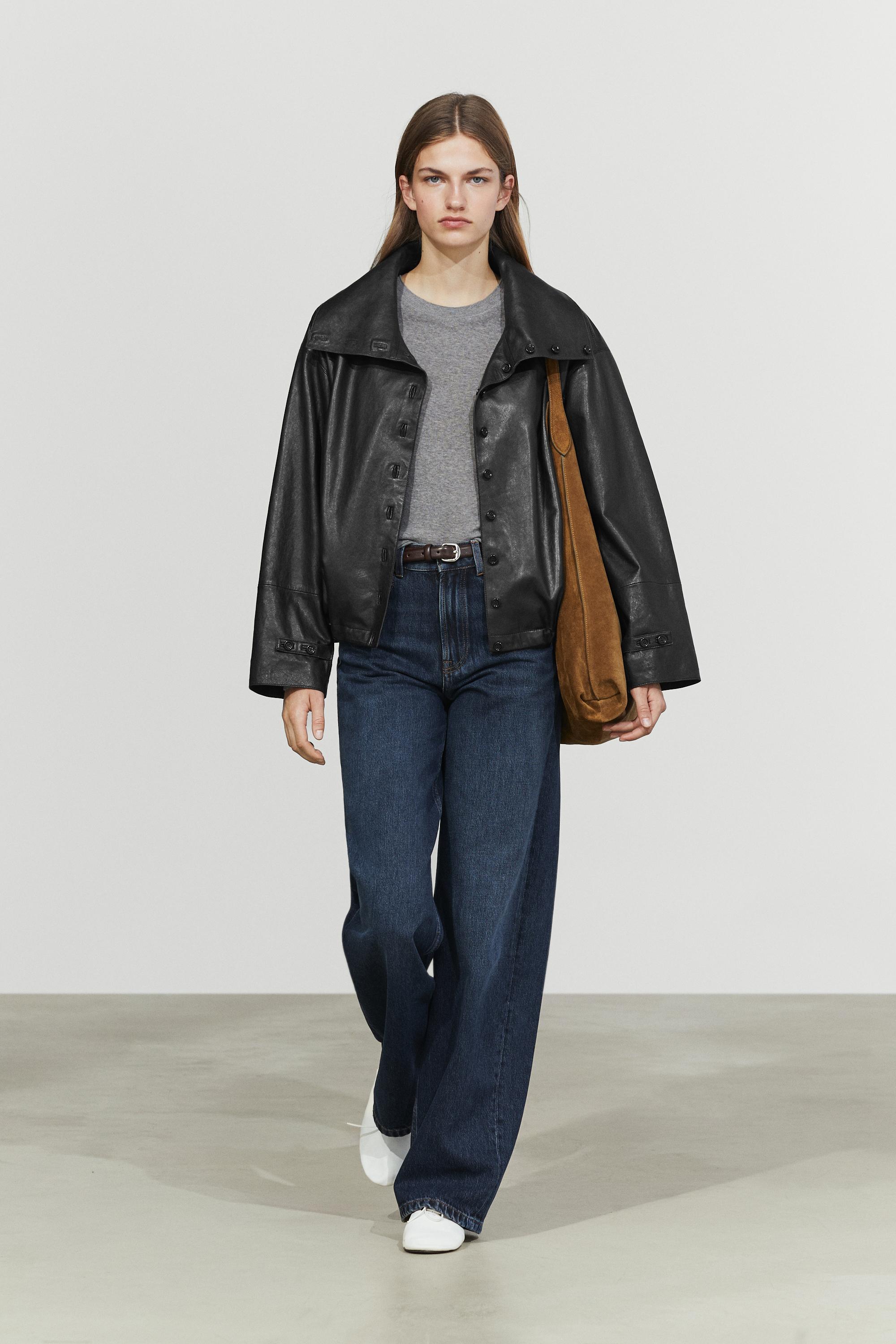 Nappa leather bomber jacket with button detail Black