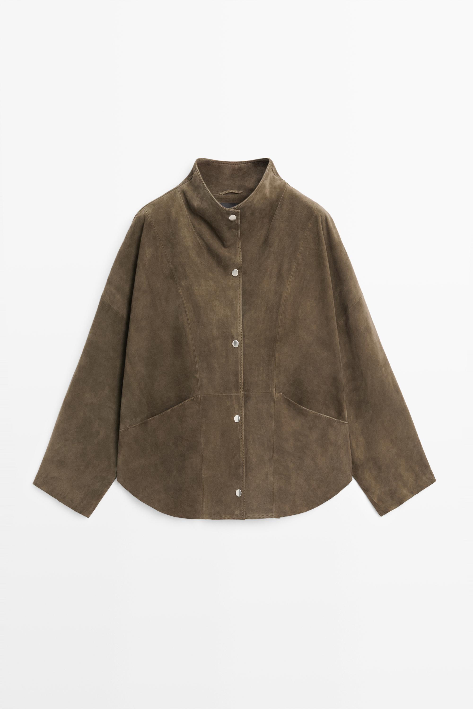 Suede leather high neck jacket Khaki