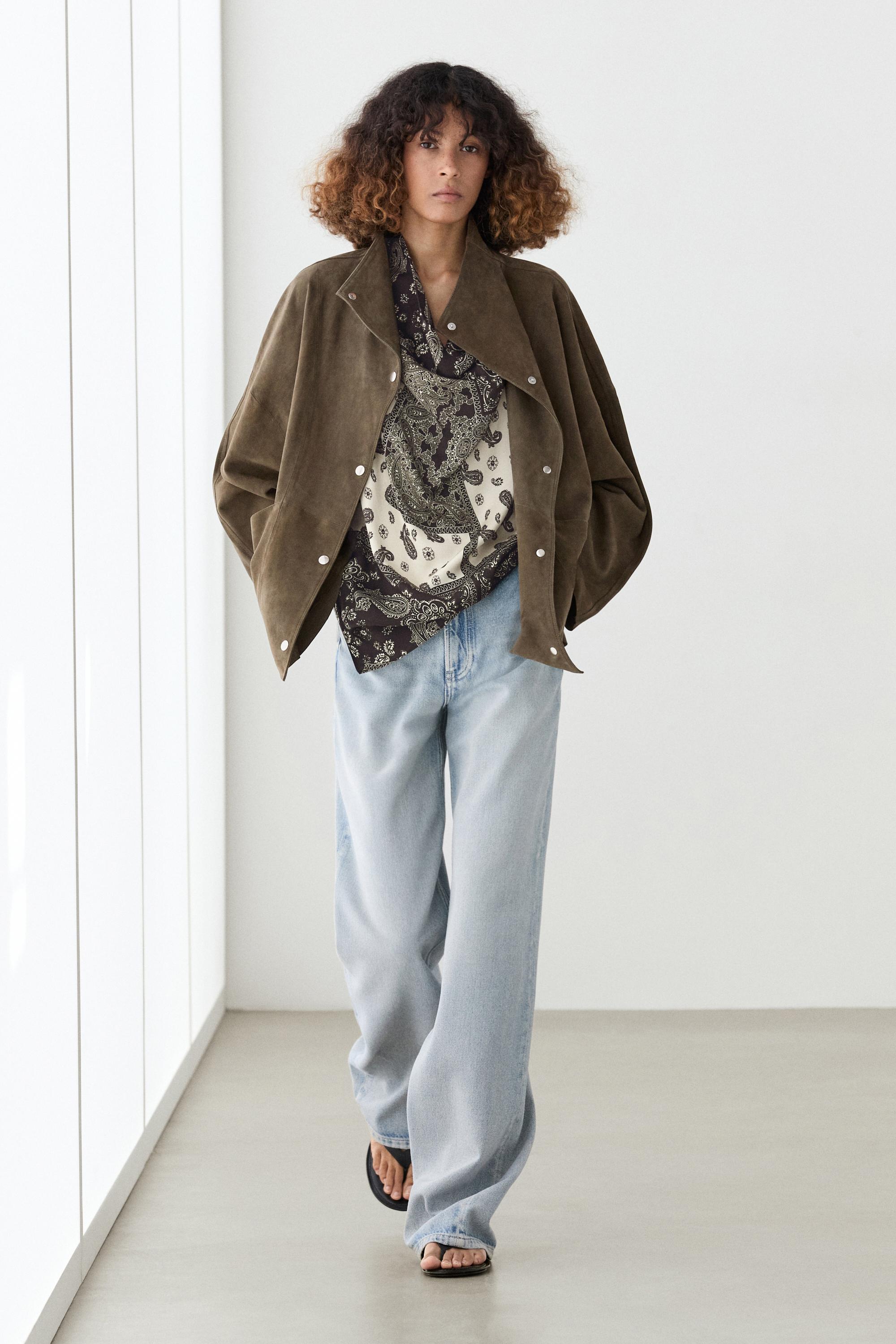 Suede leather high neck jacket Khaki