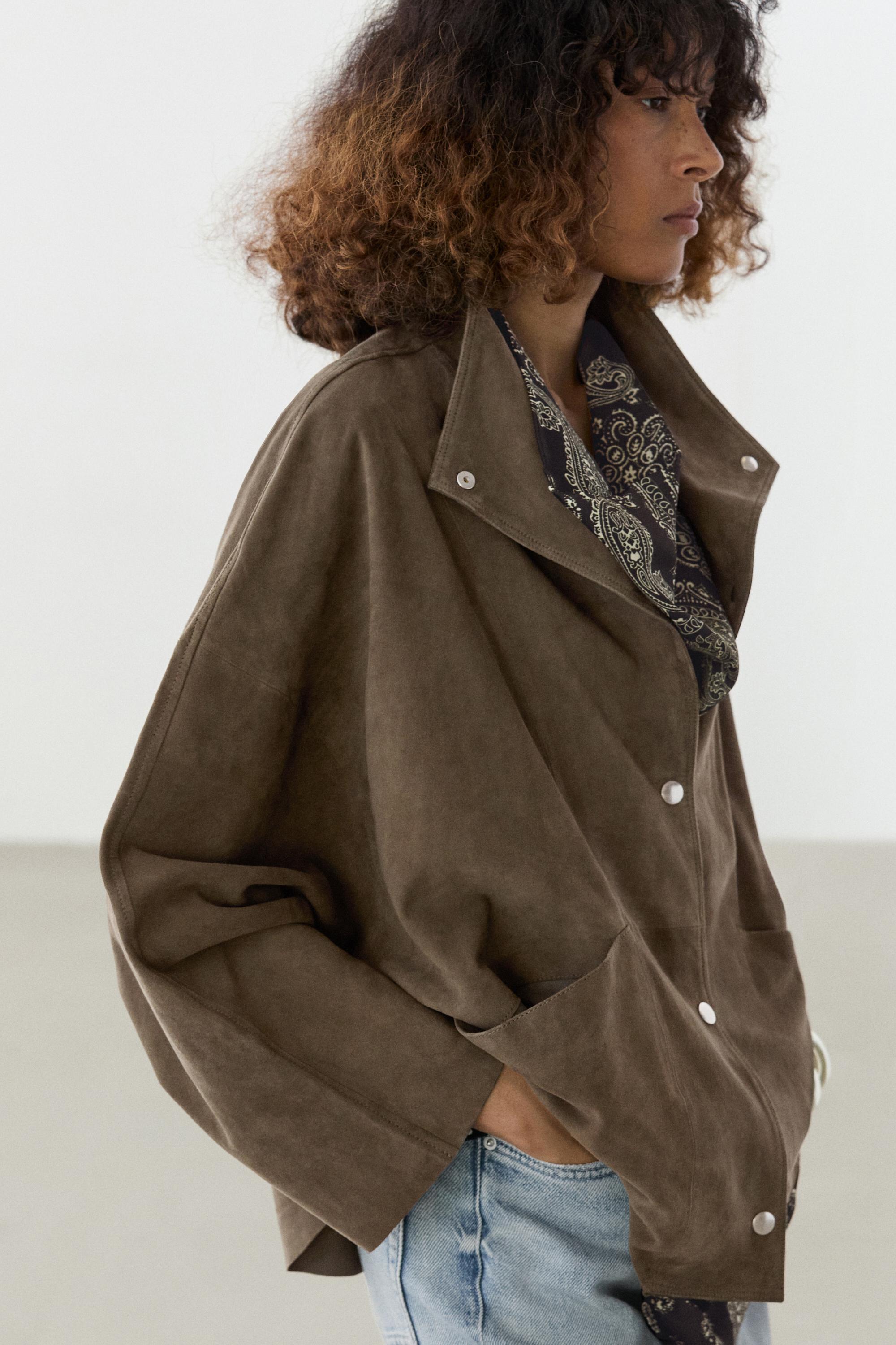 Suede leather high neck jacket Khaki