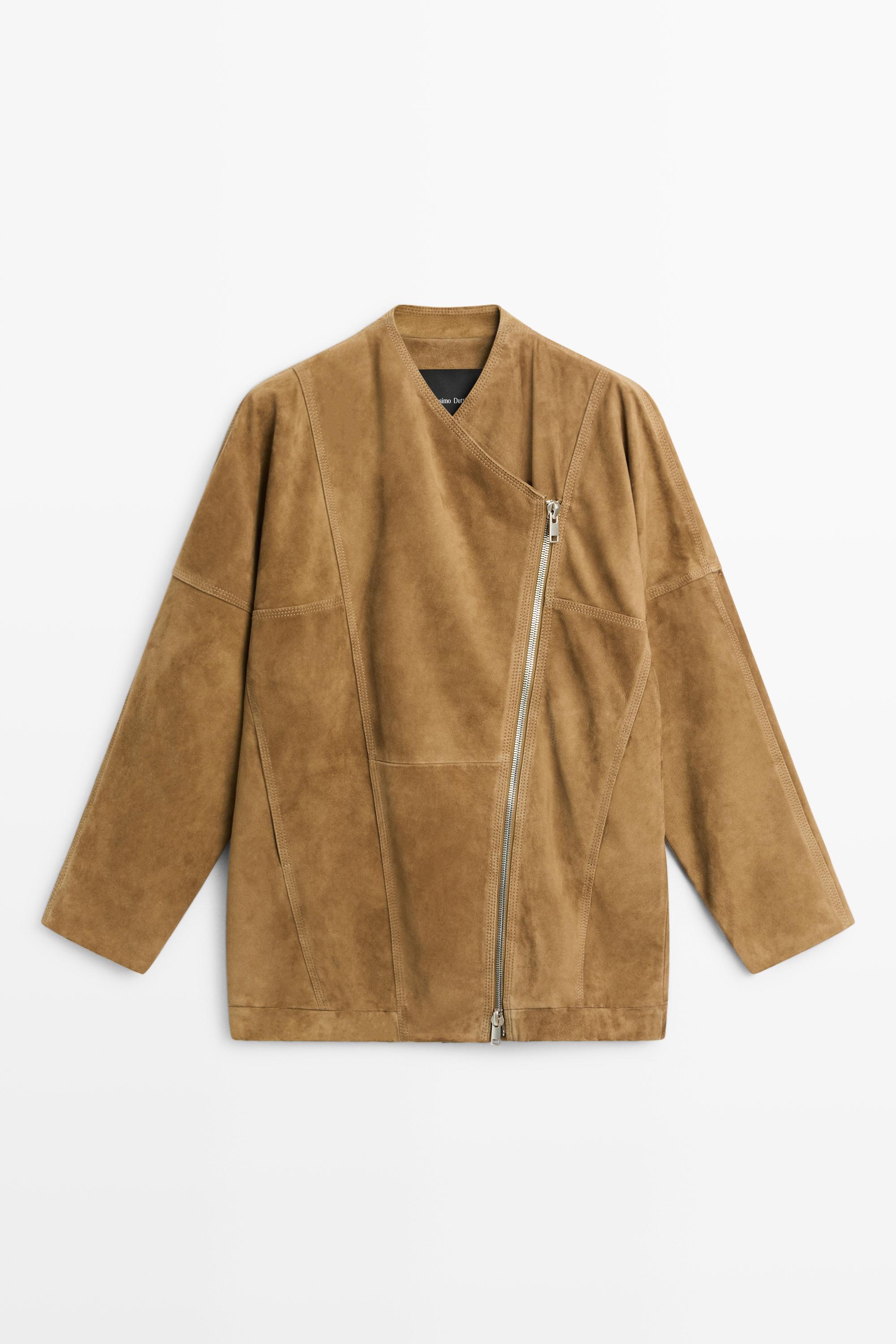 Asymmetrical suede leather zip-up jacket Washed