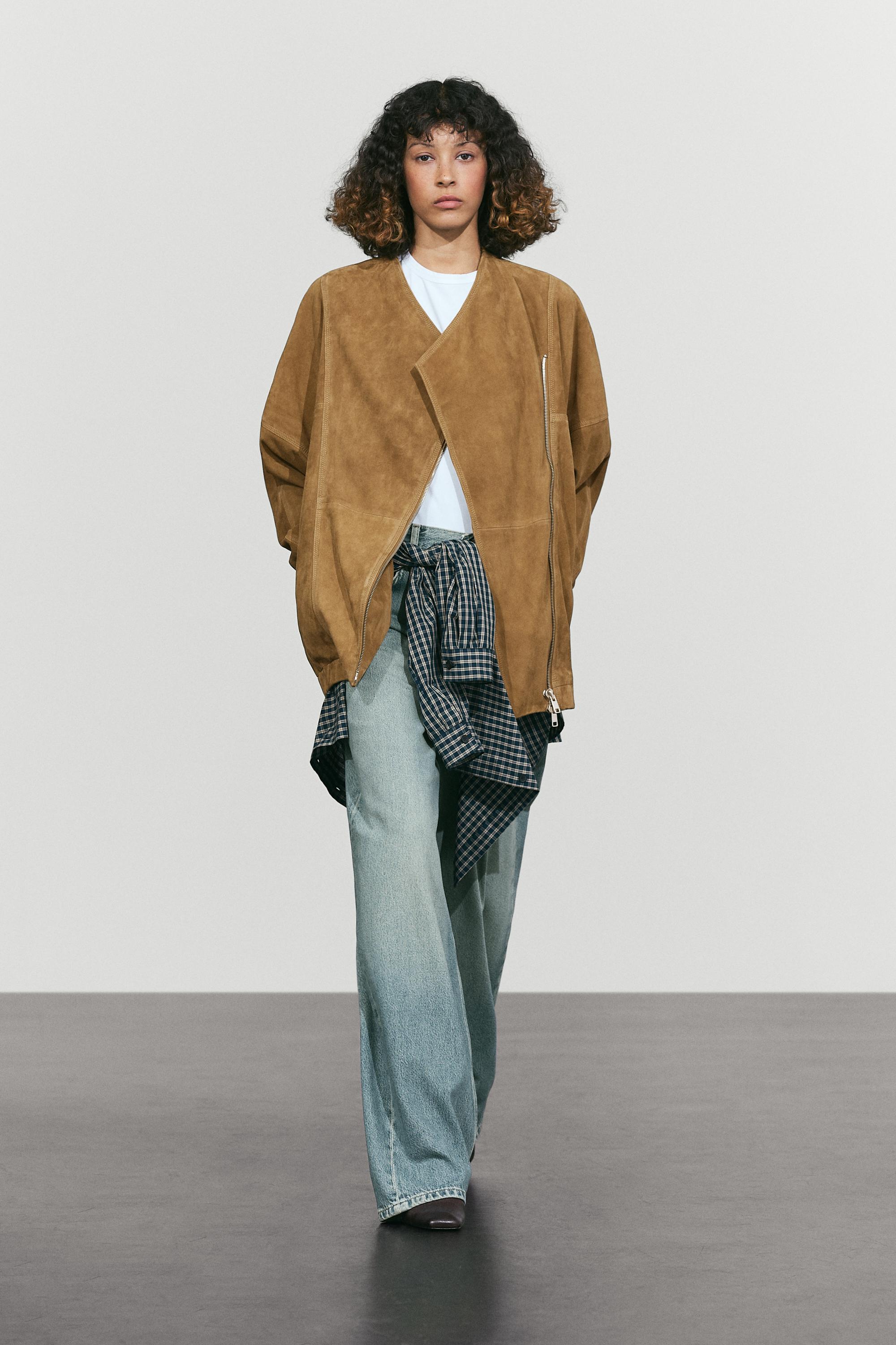 Asymmetrical suede leather zip-up jacket Washed