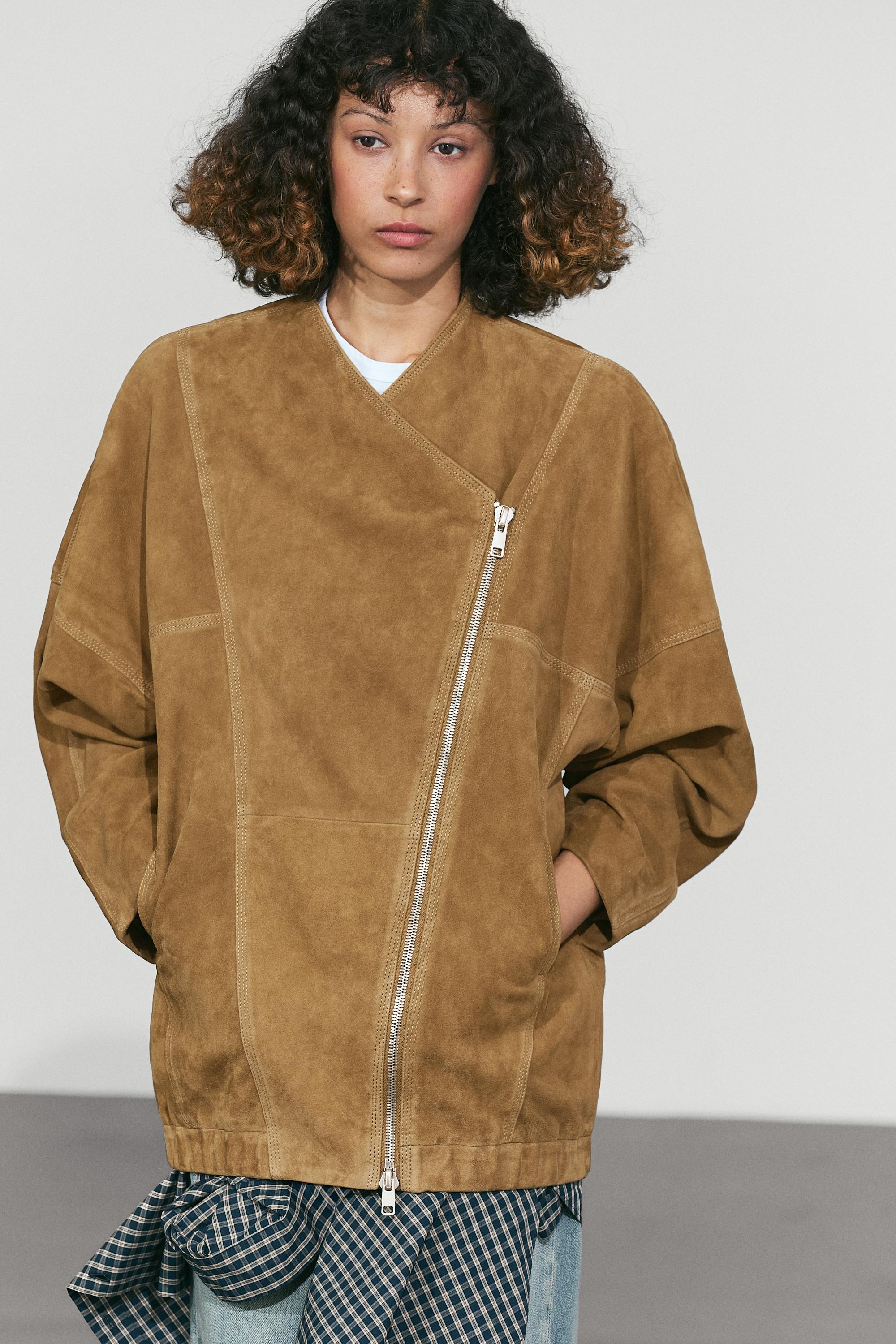 Asymmetrical suede leather zip-up jacket Washed