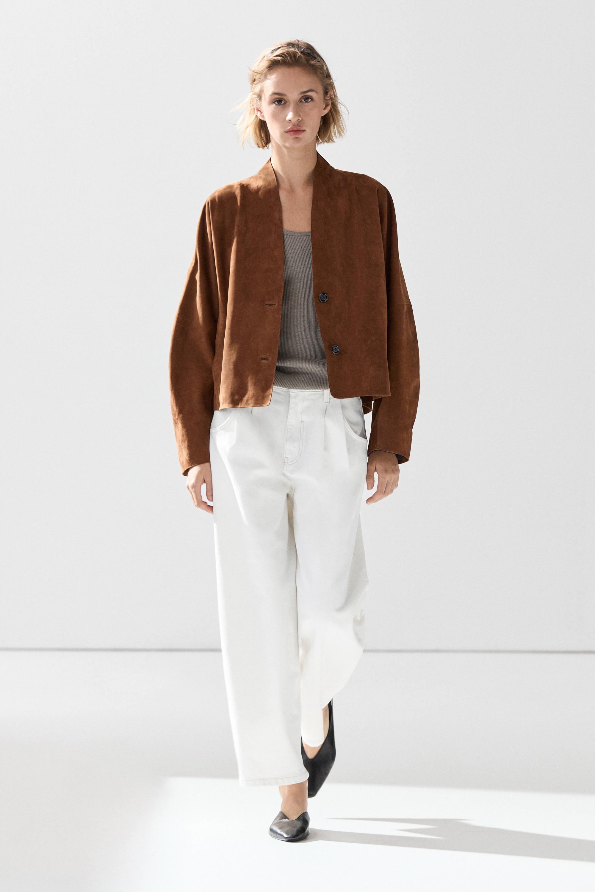 Suede V-neck balloon jacket Camel