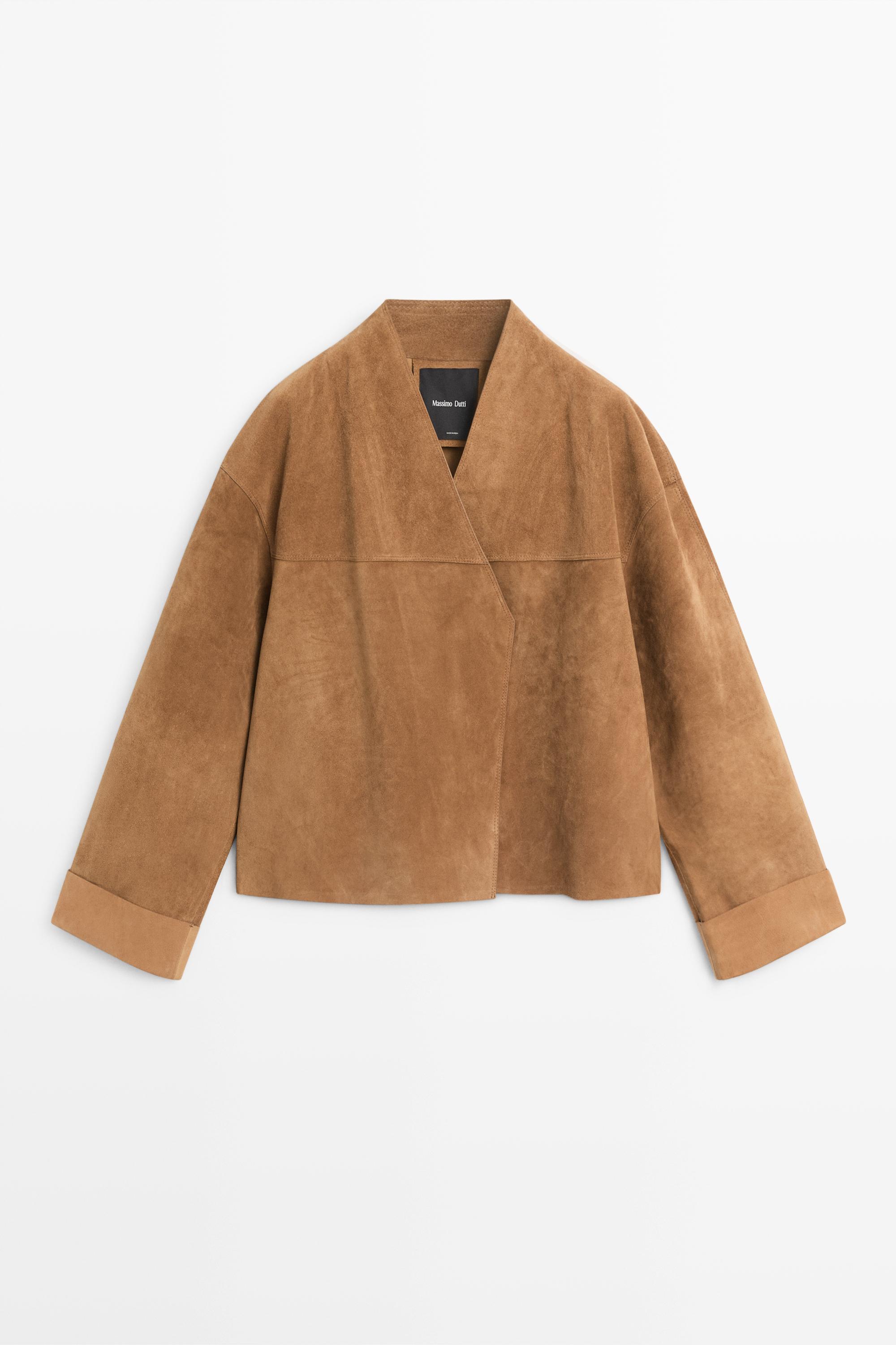 Short double-breasted suede leather jacket Mustard Yellow