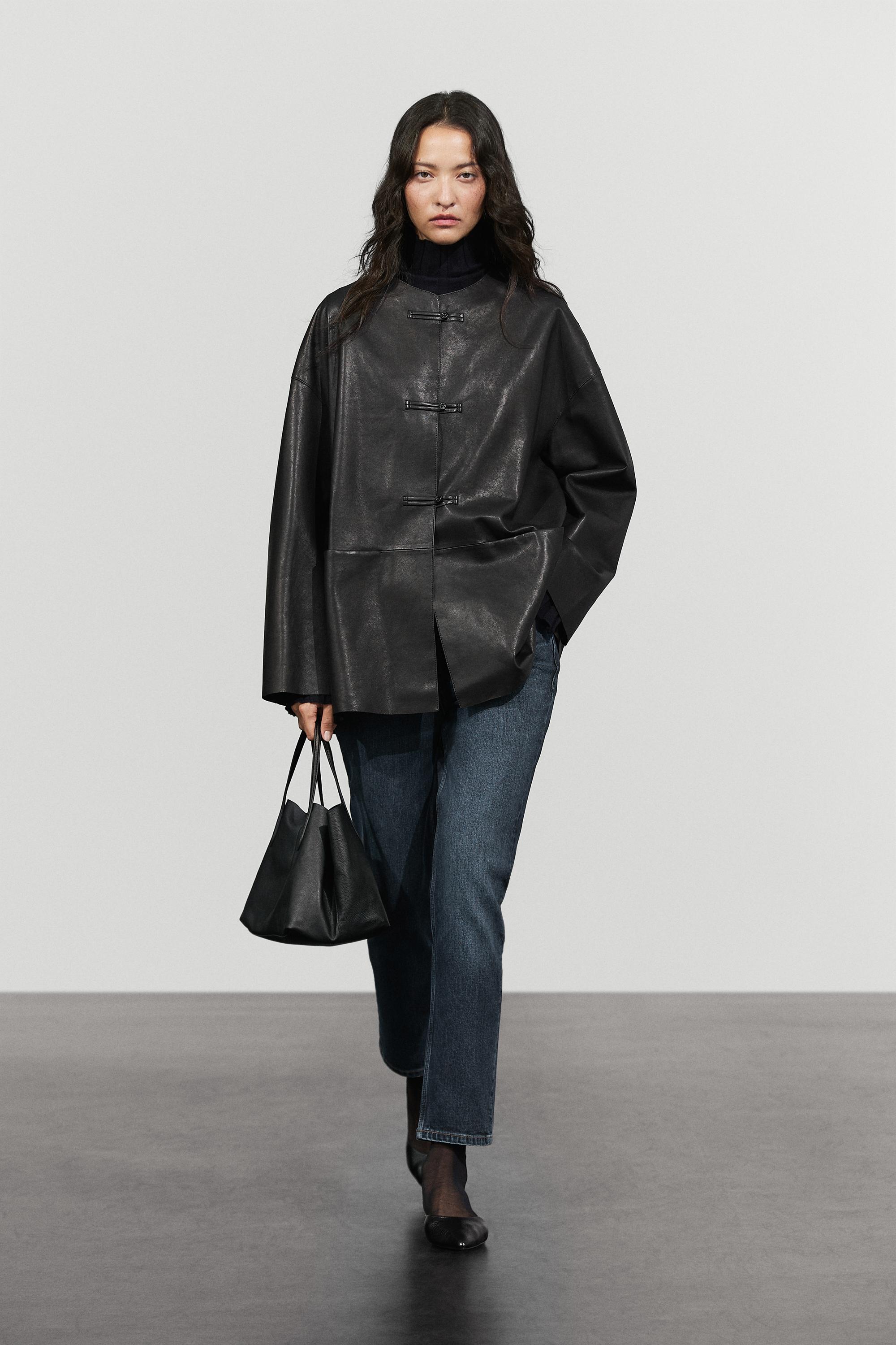 Leather jacket with toggle detail Black