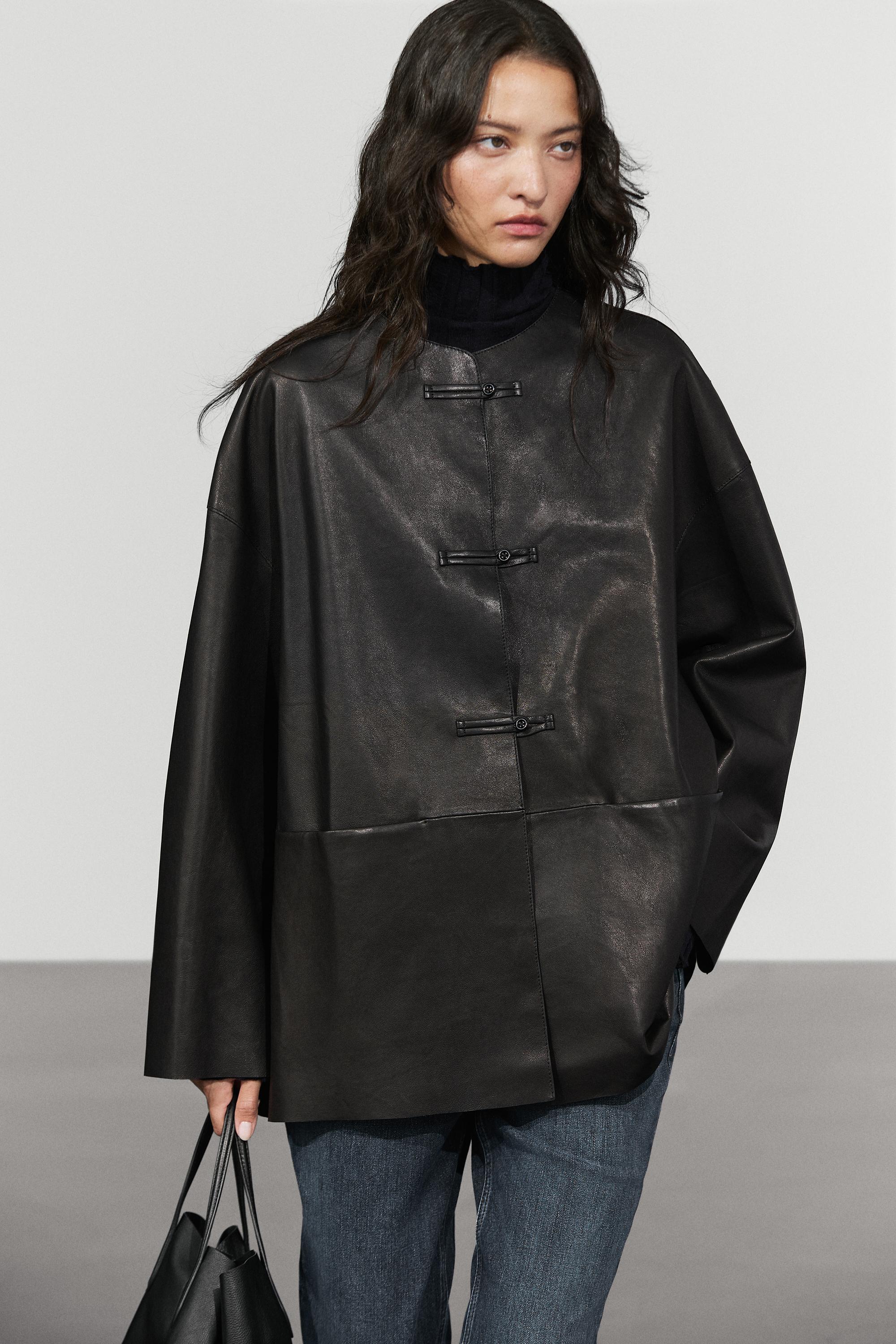 Leather jacket with toggle detail Black