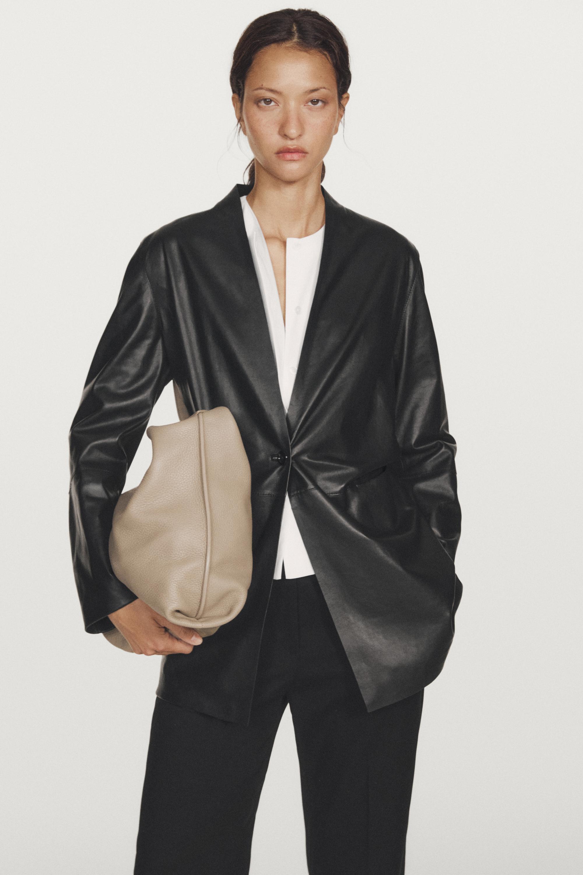 Single-button 100% nappa leather blazer Black