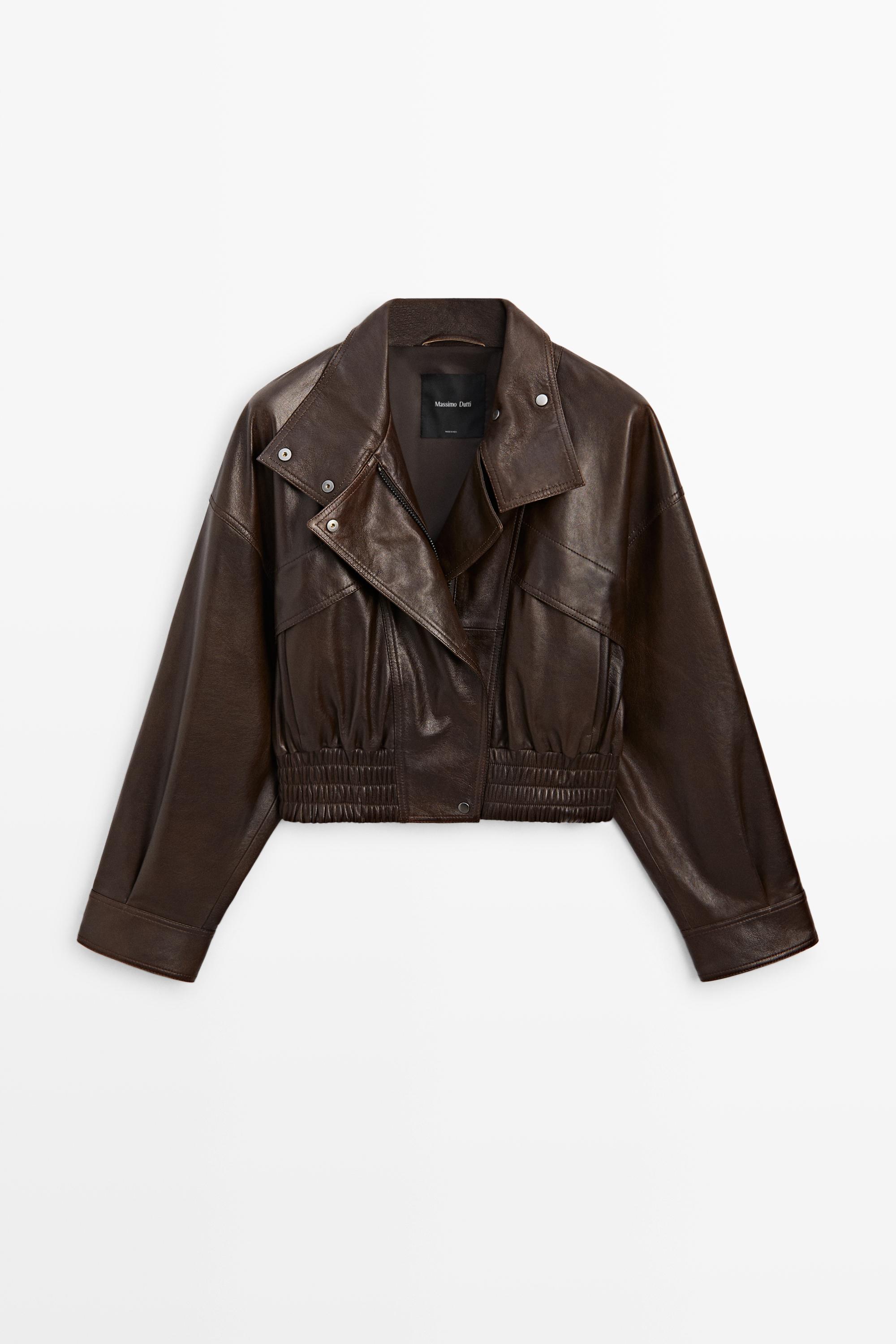 Cropped nappa leather bomber jacket Brown