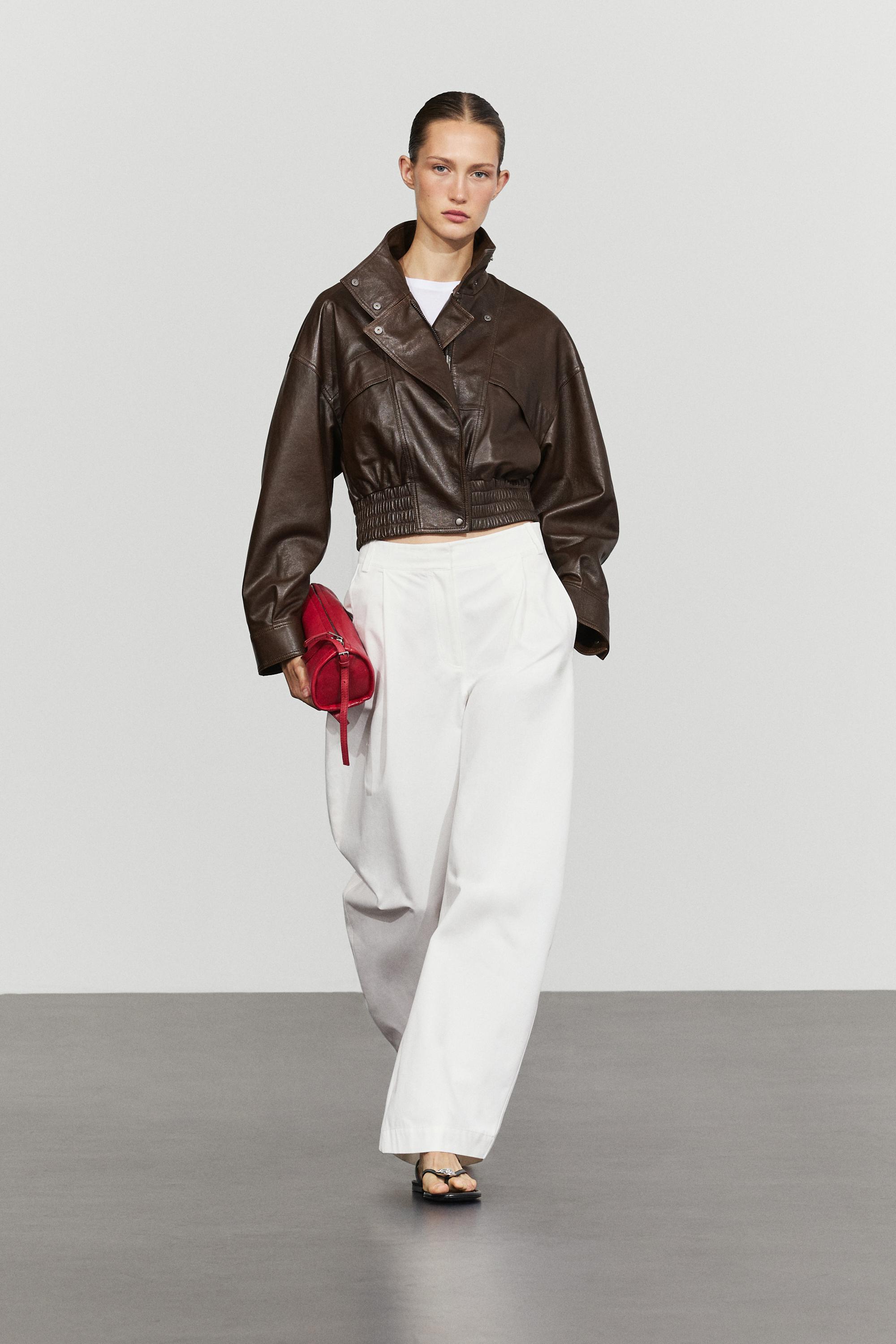 Cropped nappa leather bomber jacket Brown