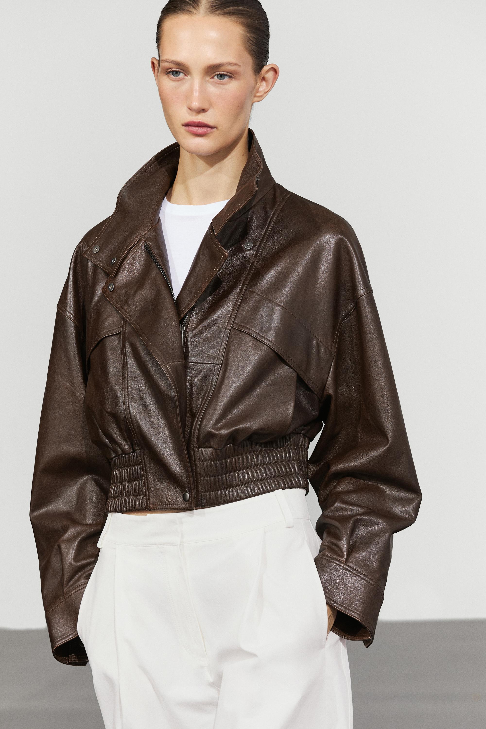 Cropped nappa leather bomber jacket Brown
