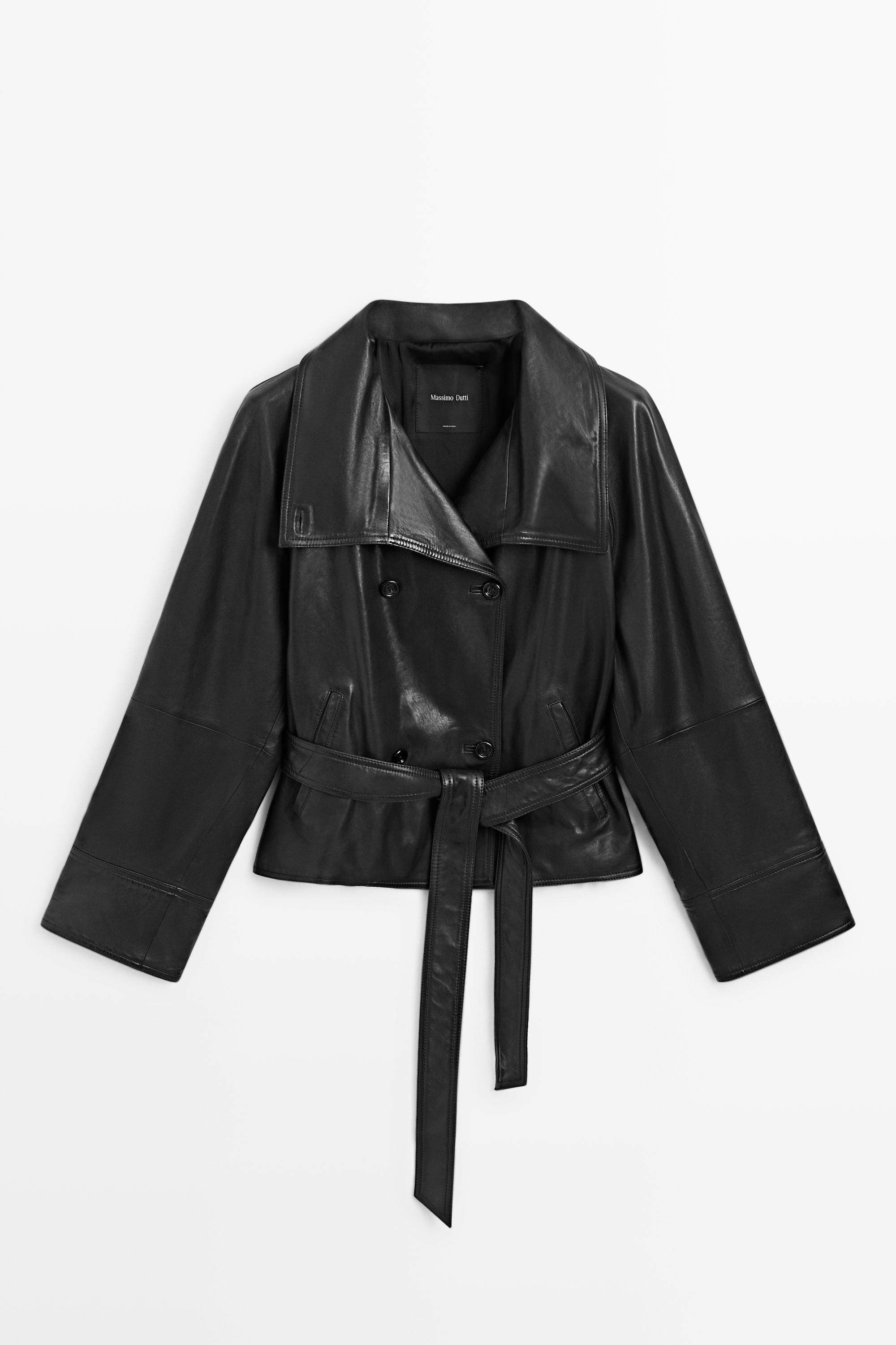 Short leather jacket with belt Black