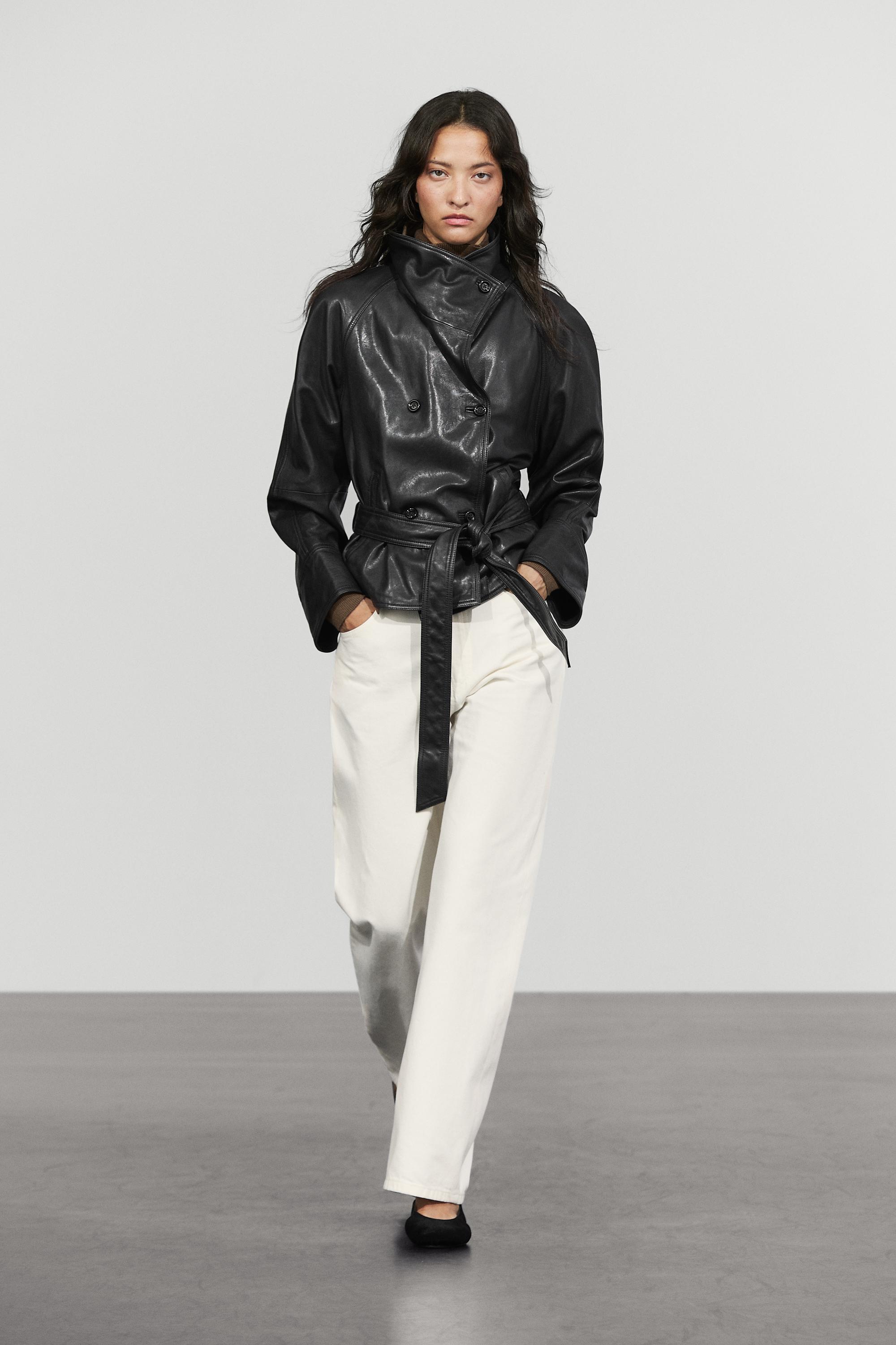 Short leather jacket with belt Black