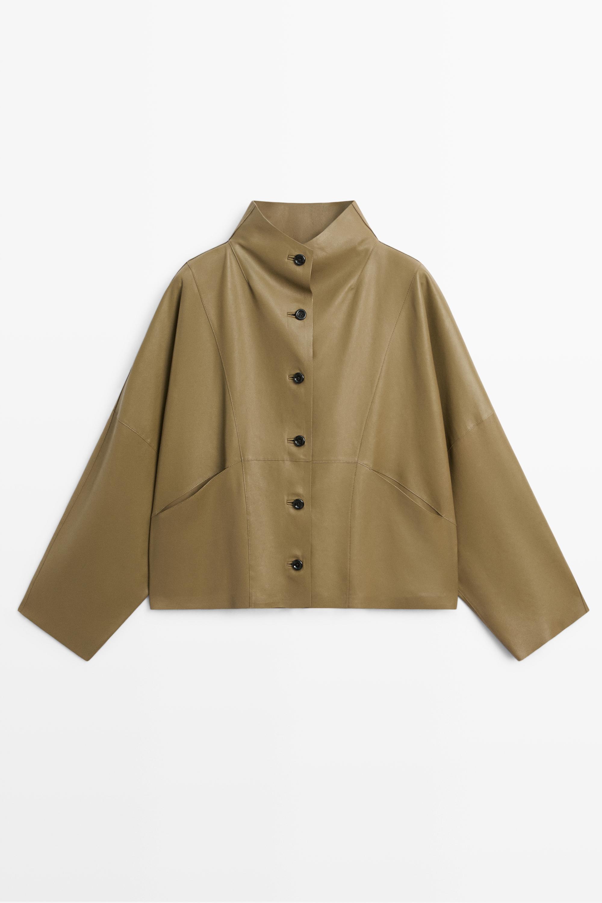 Stand collar nappa leather cropped jacket Khaki