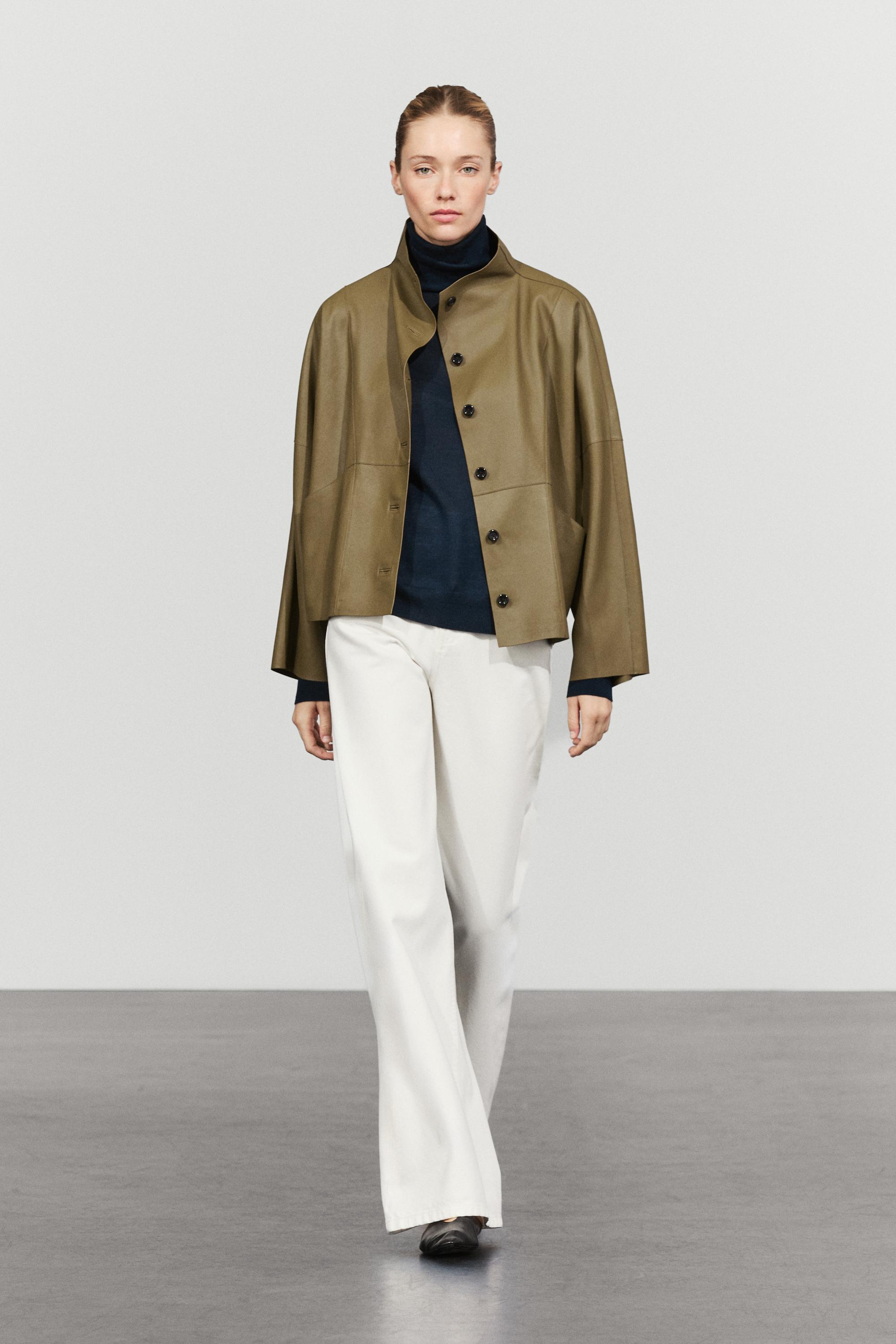 Stand collar nappa leather cropped jacket Khaki