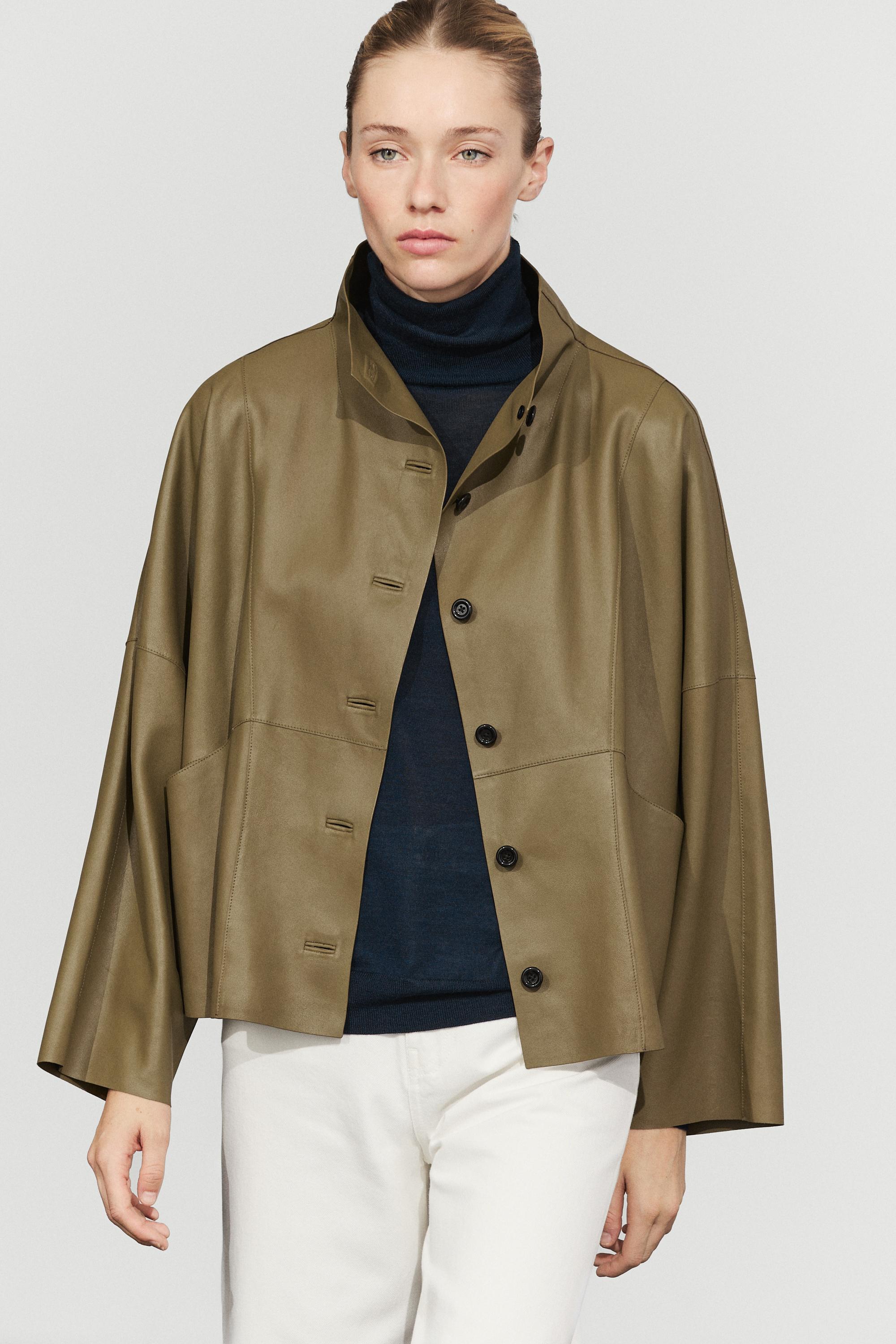 Stand collar nappa leather cropped jacket Khaki