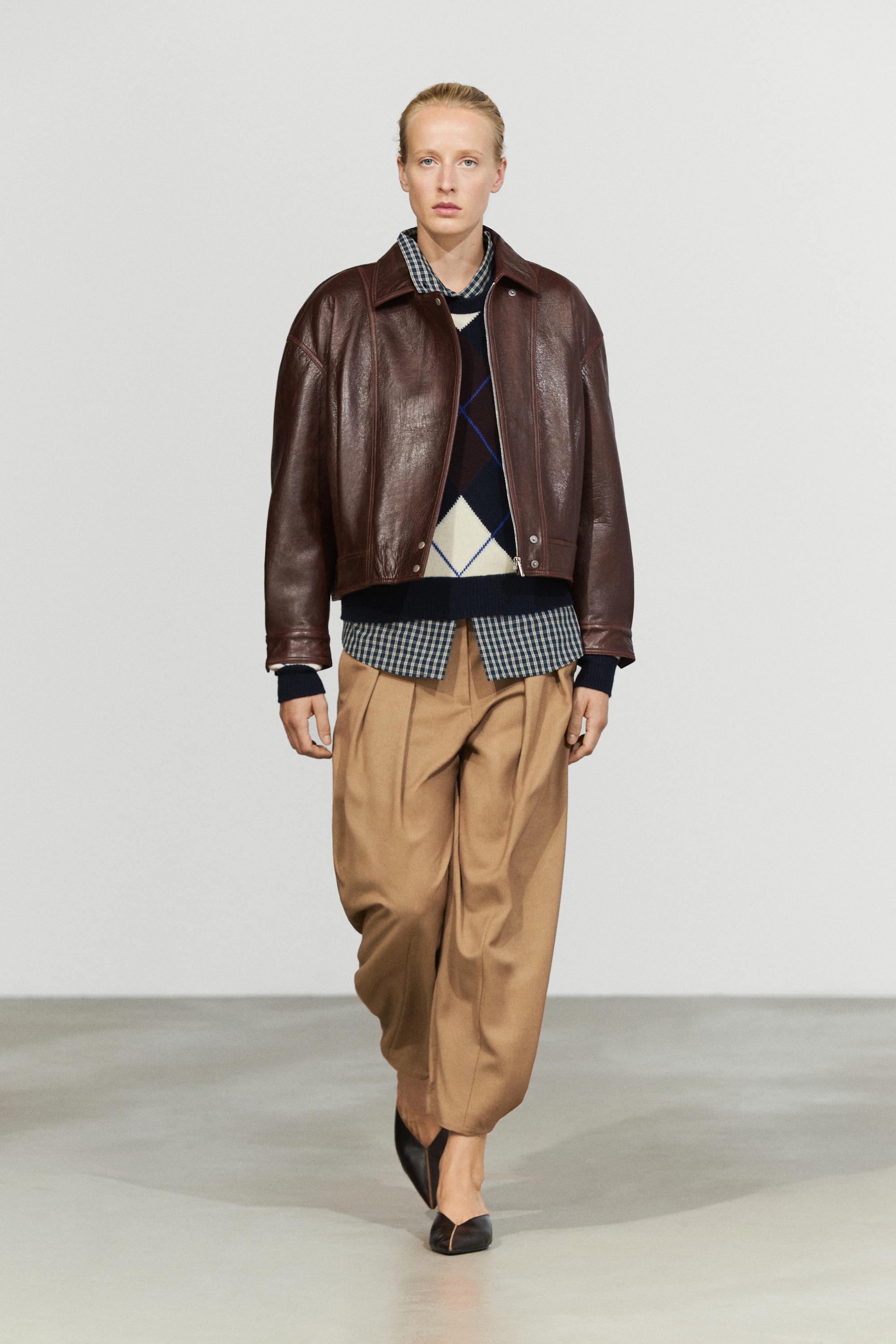Pleated nappa leather jacket Brown