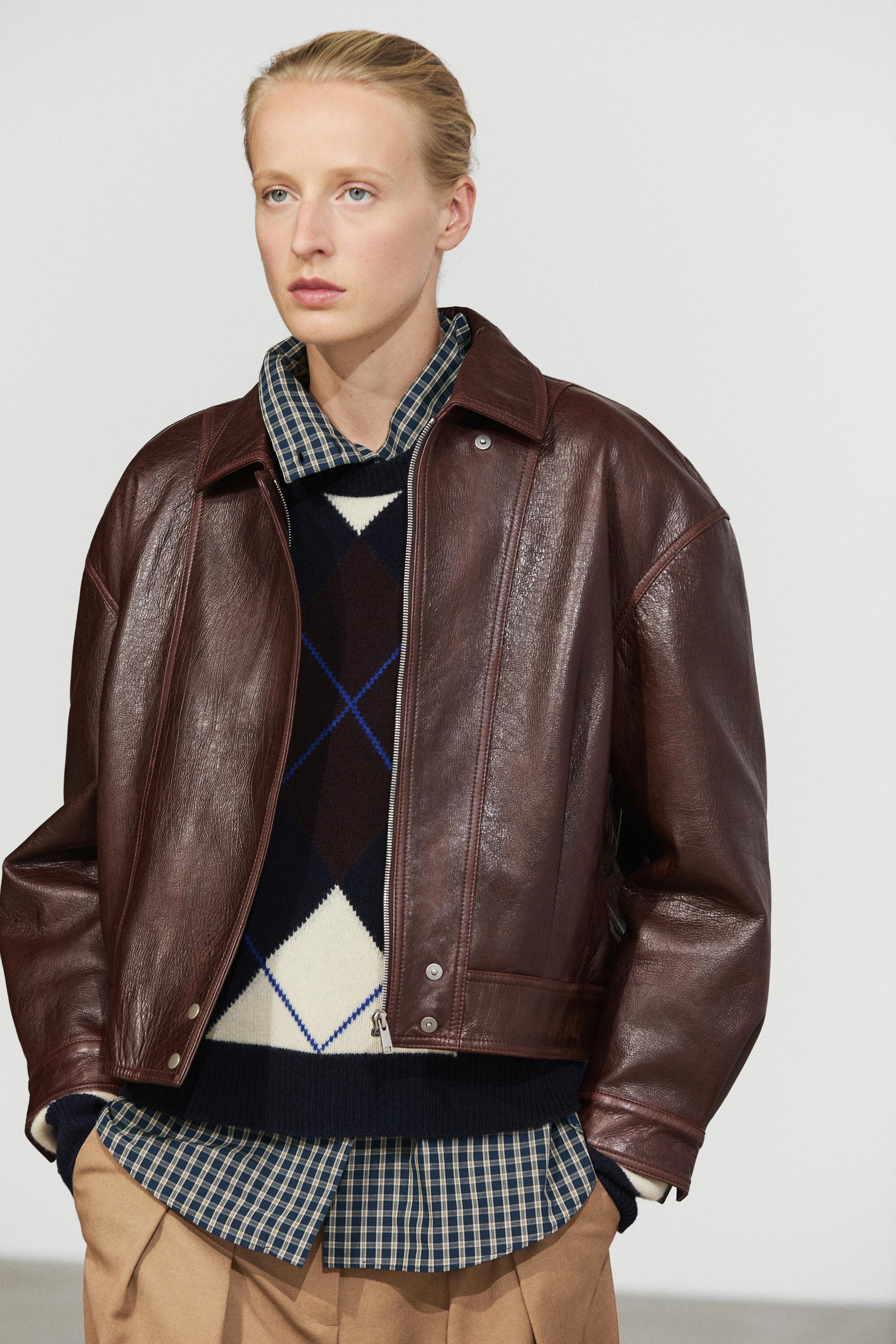 Pleated nappa leather jacket Brown