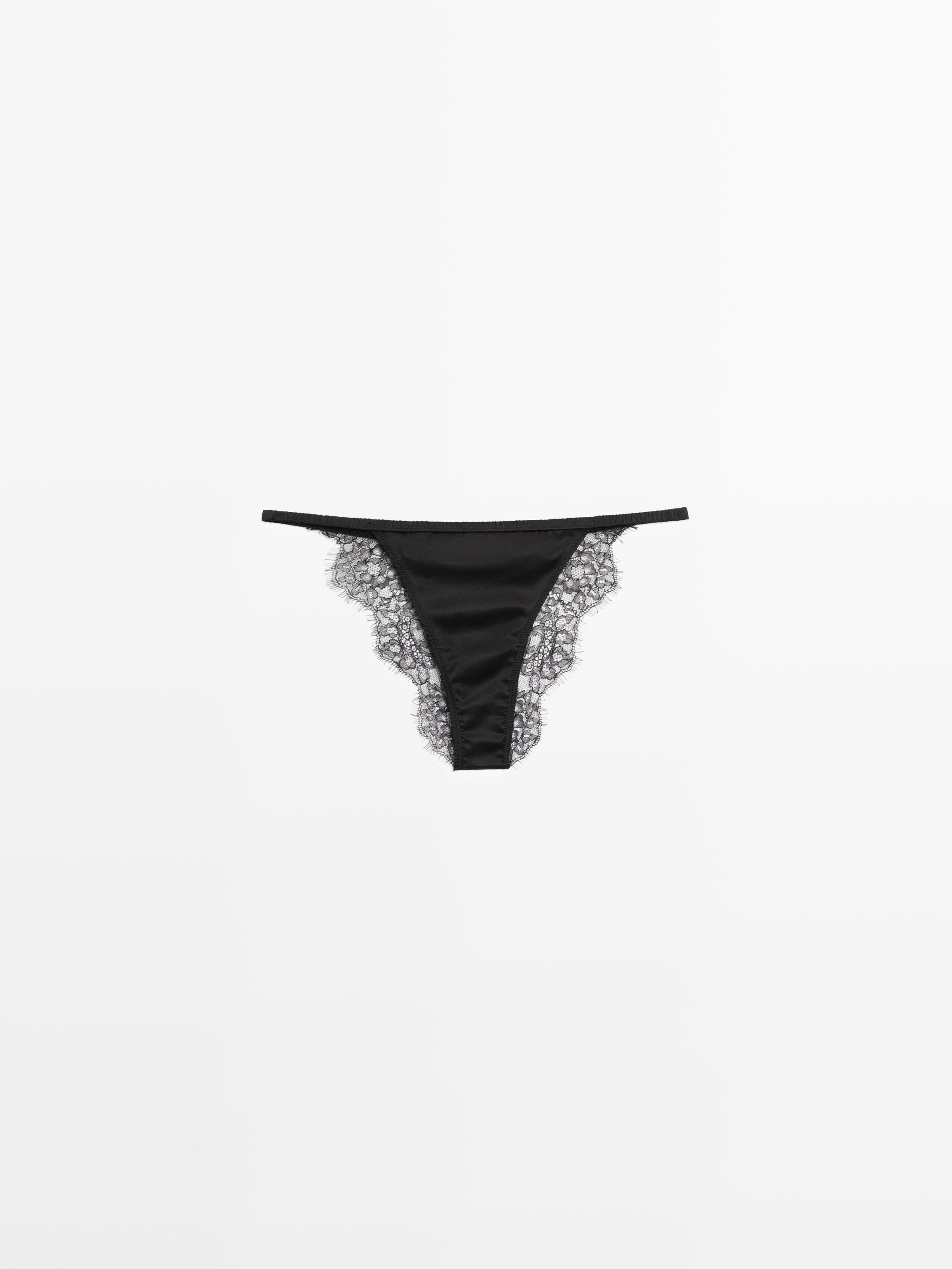 Silk briefs with lace detail Black