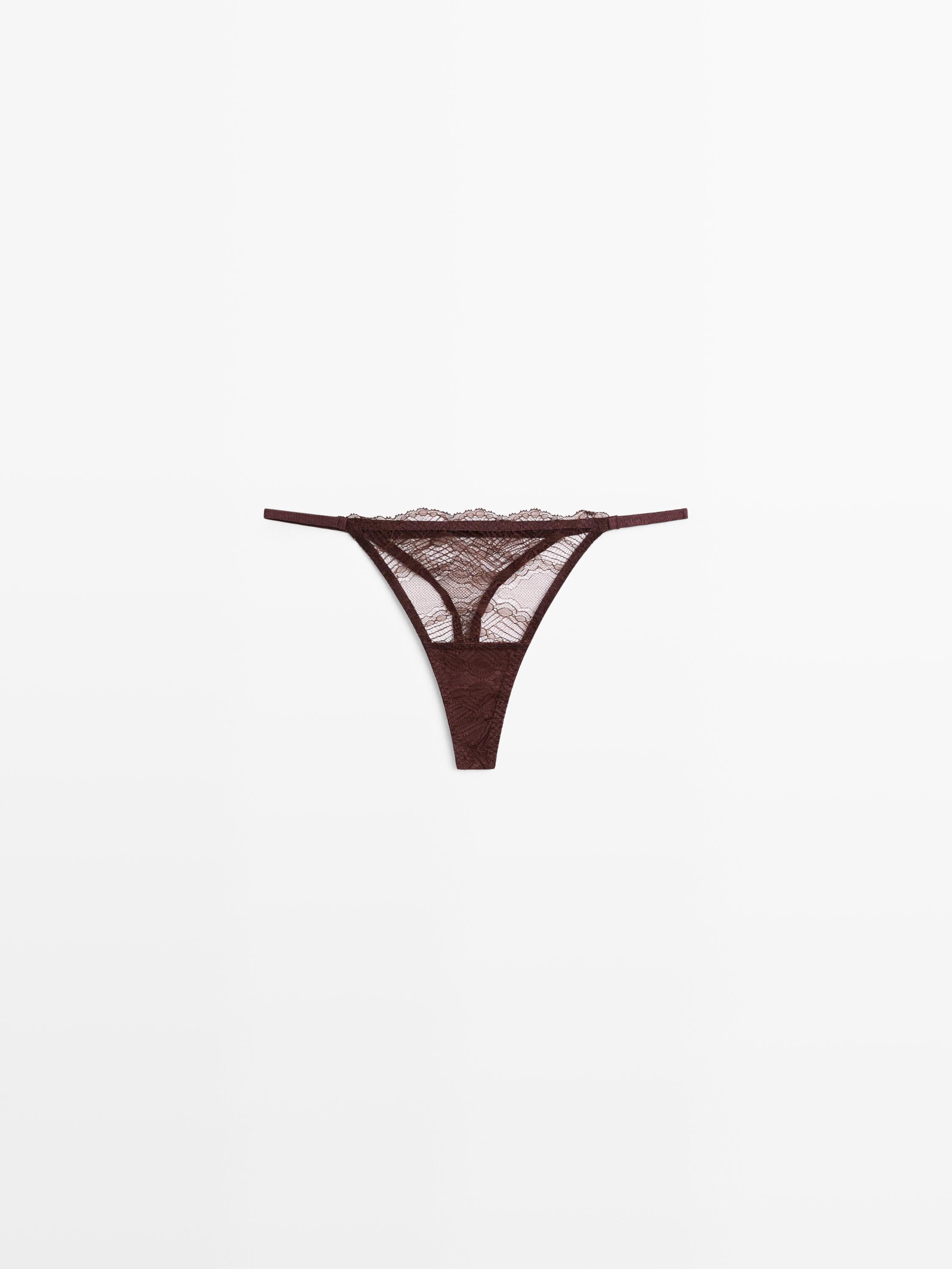 Scalloped lace thong Brown