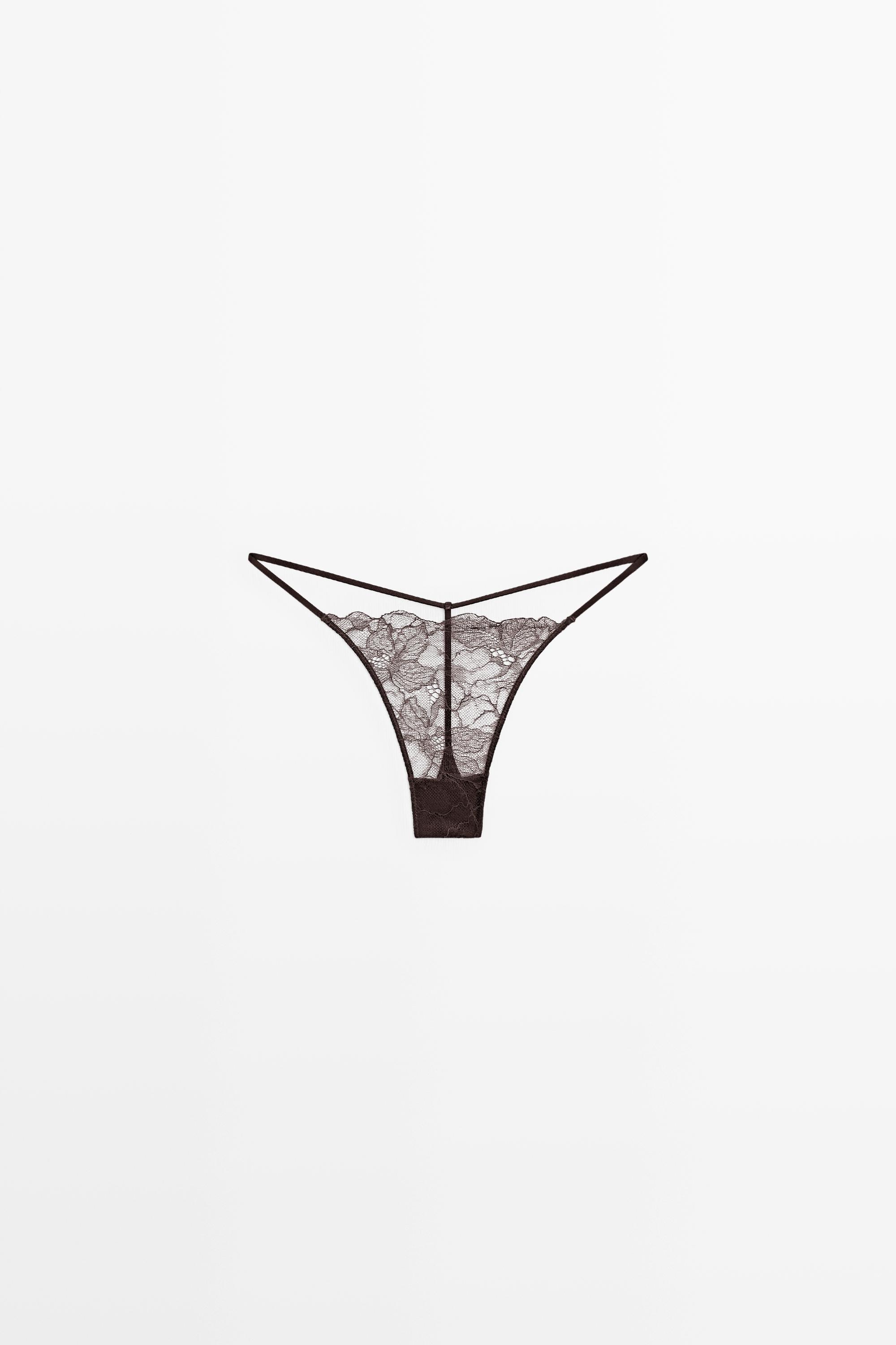 Wavy-trim lace thong Brown