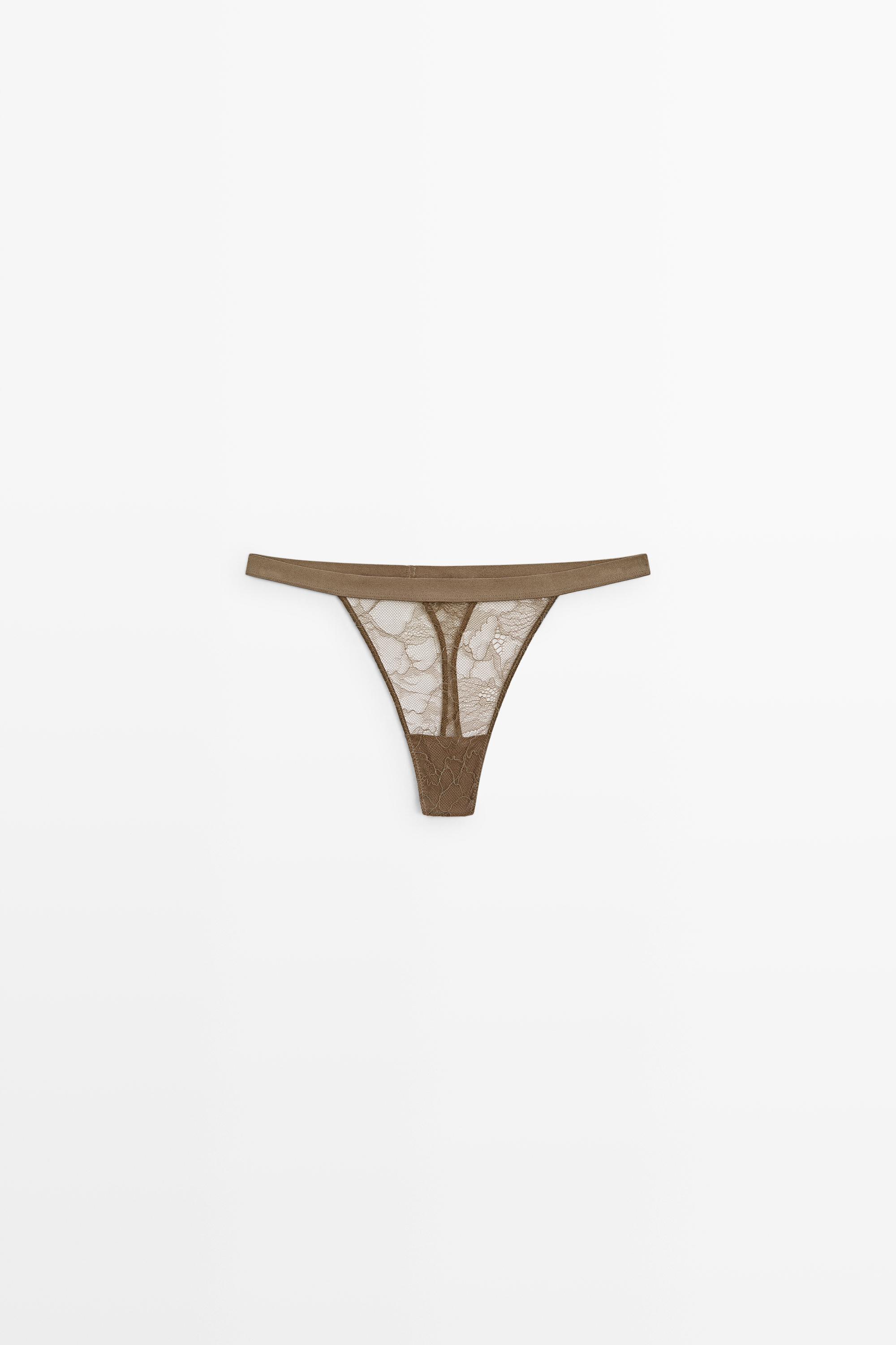 Elasticated floral lace thong Mink