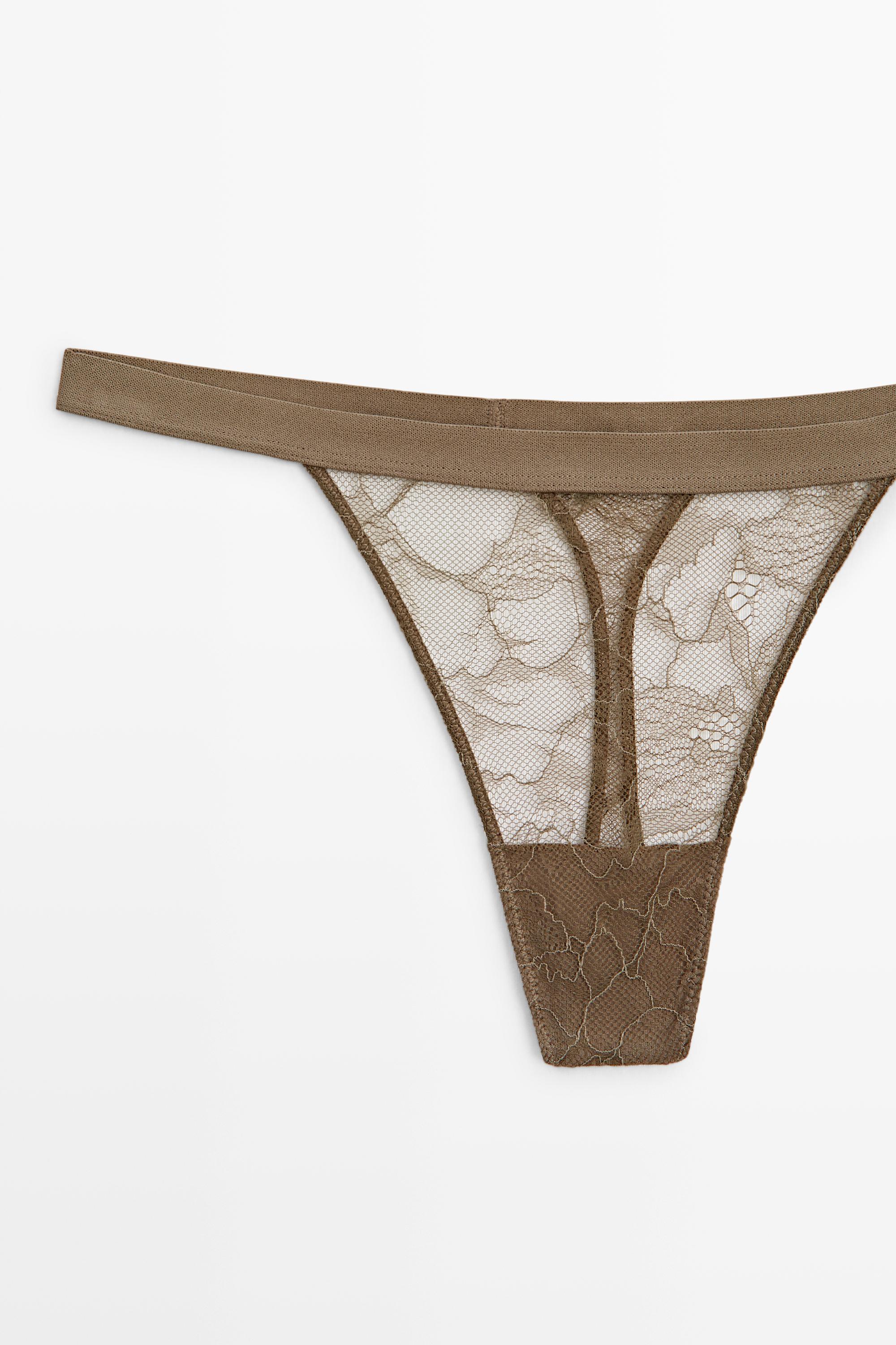 Elasticated floral lace thong Mink