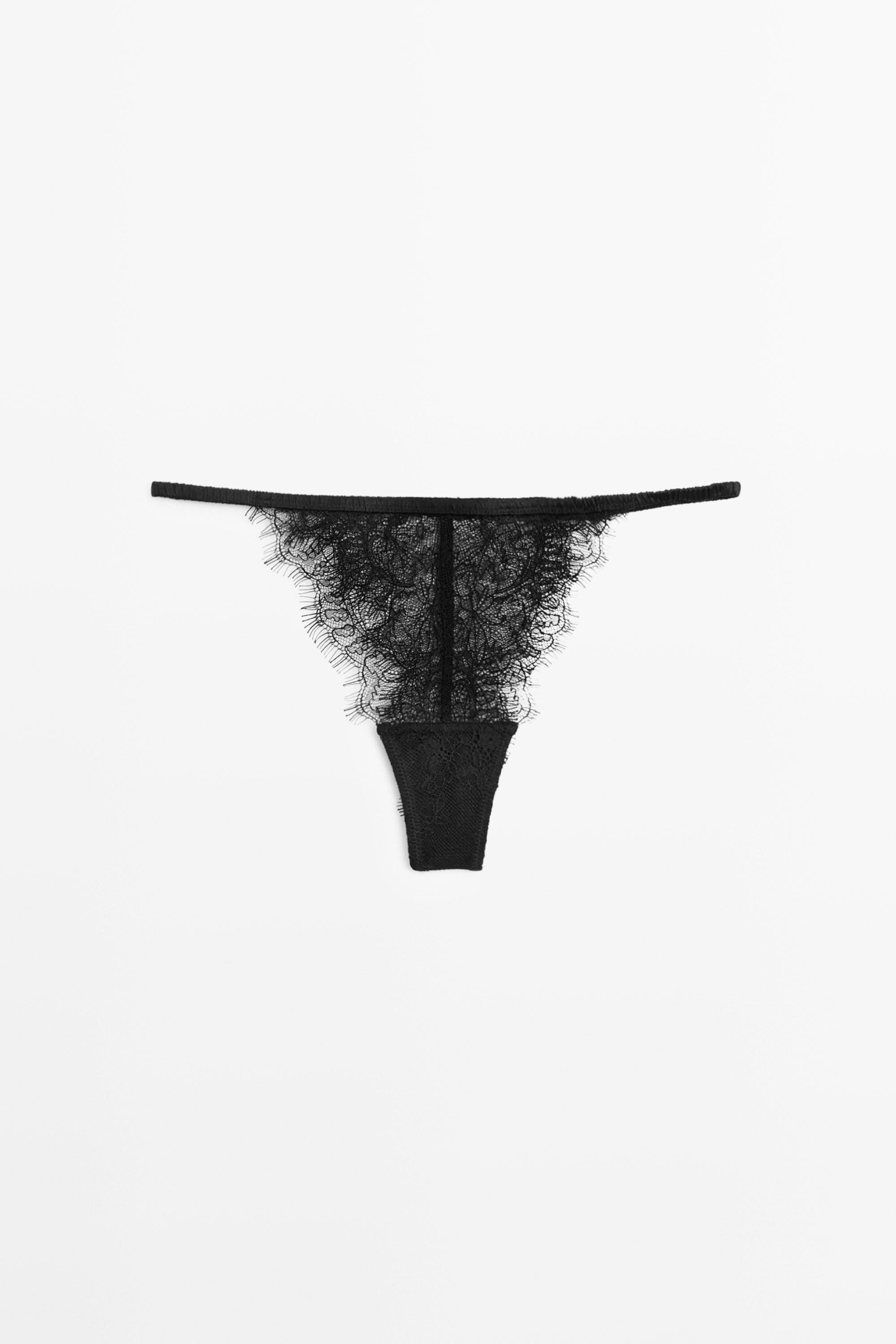 Scalloped lace thong Black