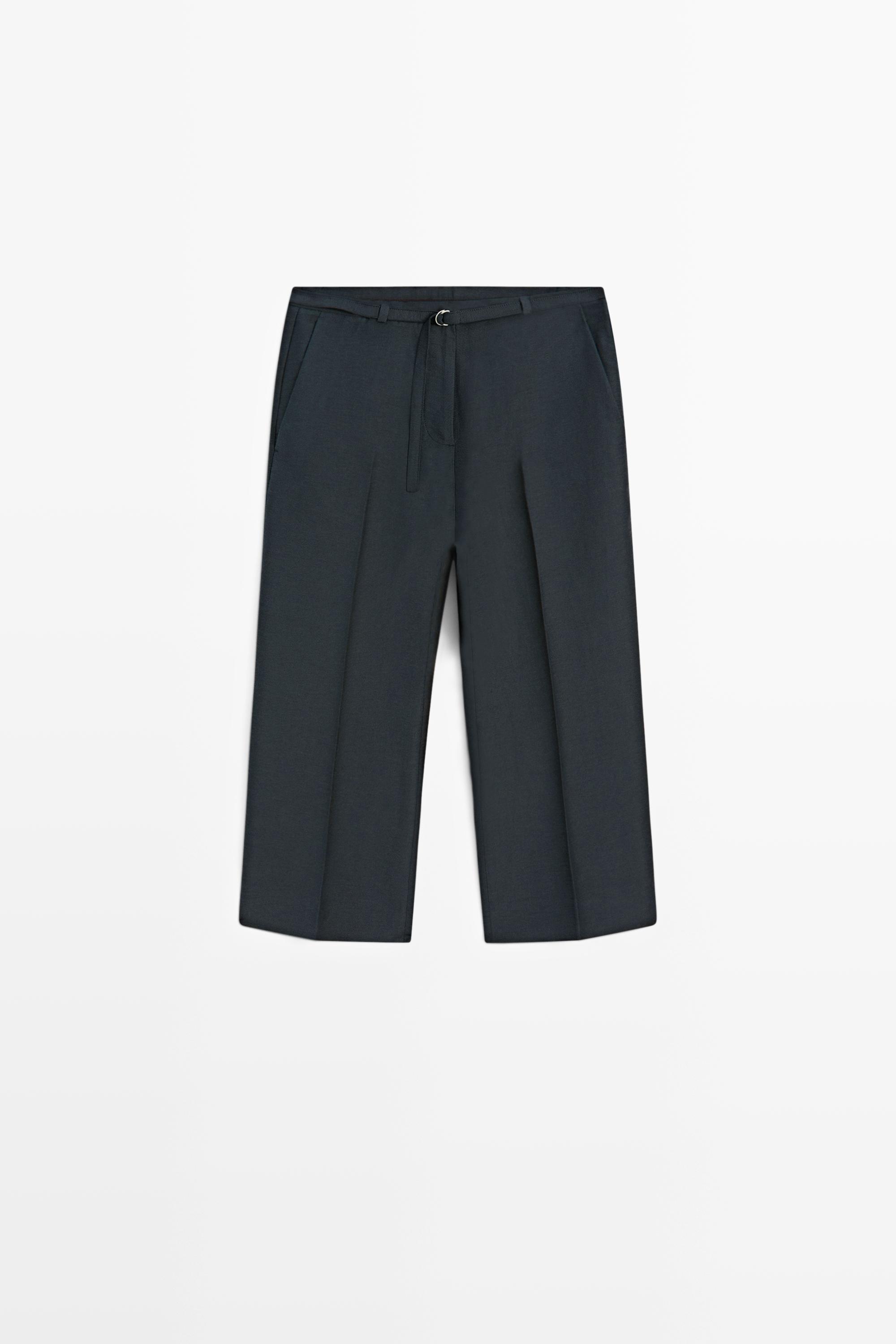 Flowing cotton and linen blend Bermuda shorts with belt Navy Blue
