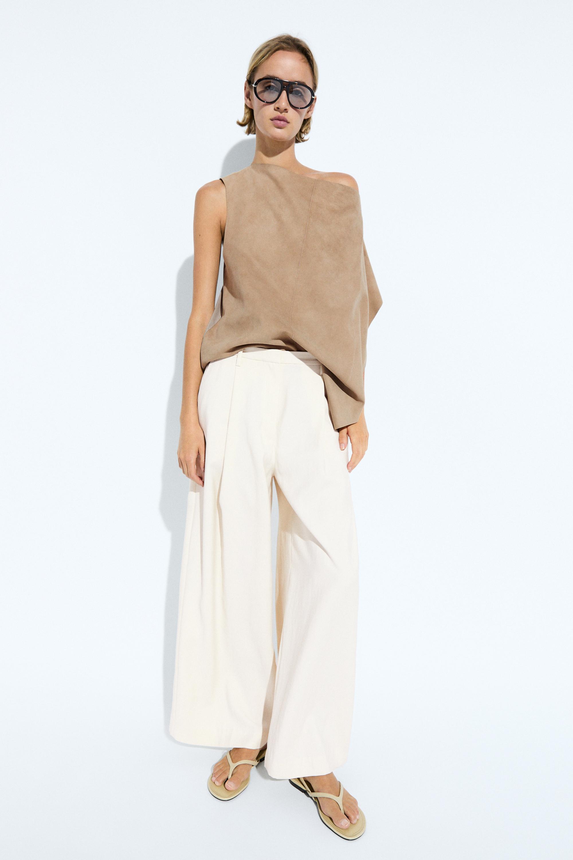 Flowing cropped wide-leg pants Cream